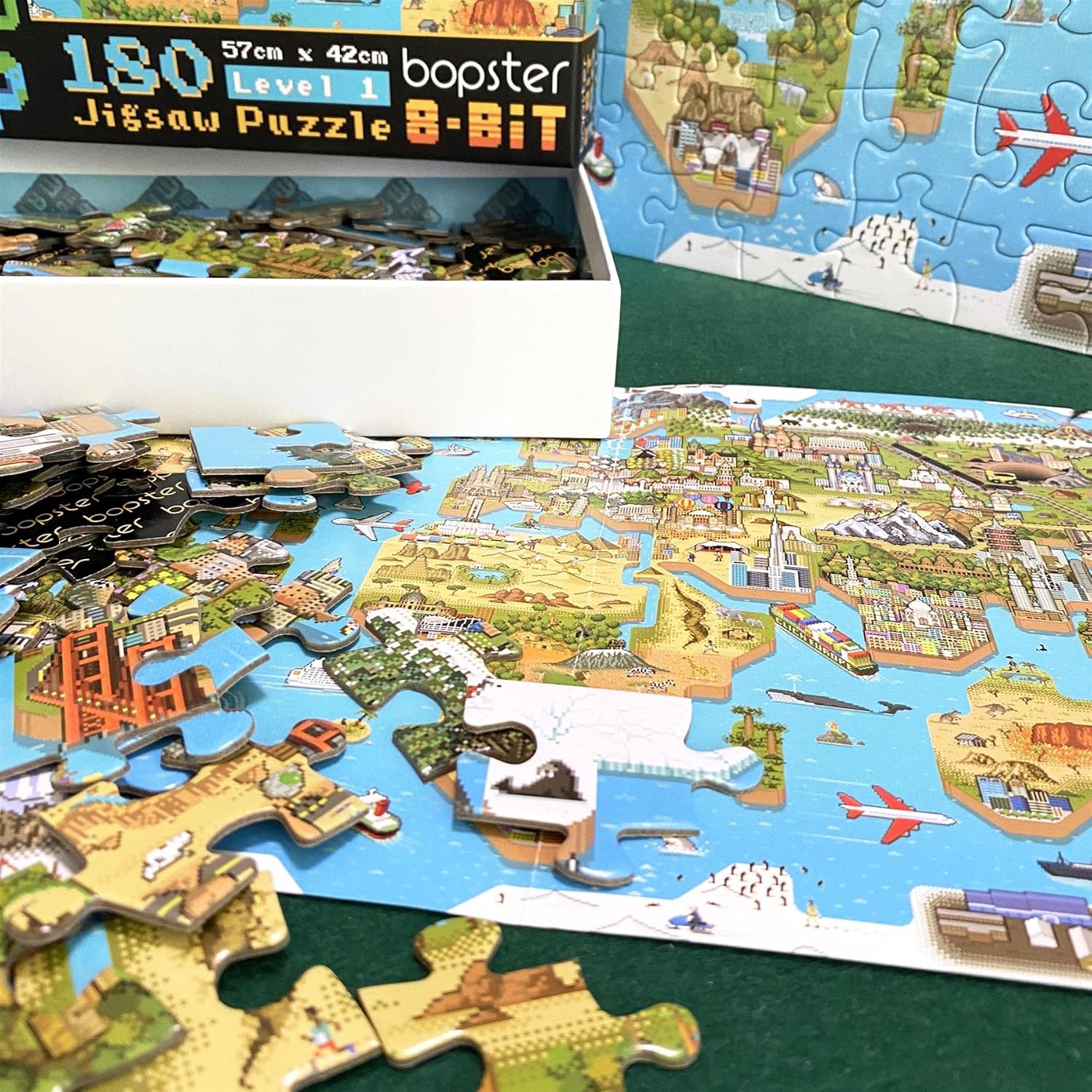 Rompecabezas para niños de 4 a 8 años, rompecabezas de mapa del mundo de 180 piezas, estilo retro de 8 bits, rompecabezas para niños con 50 personas