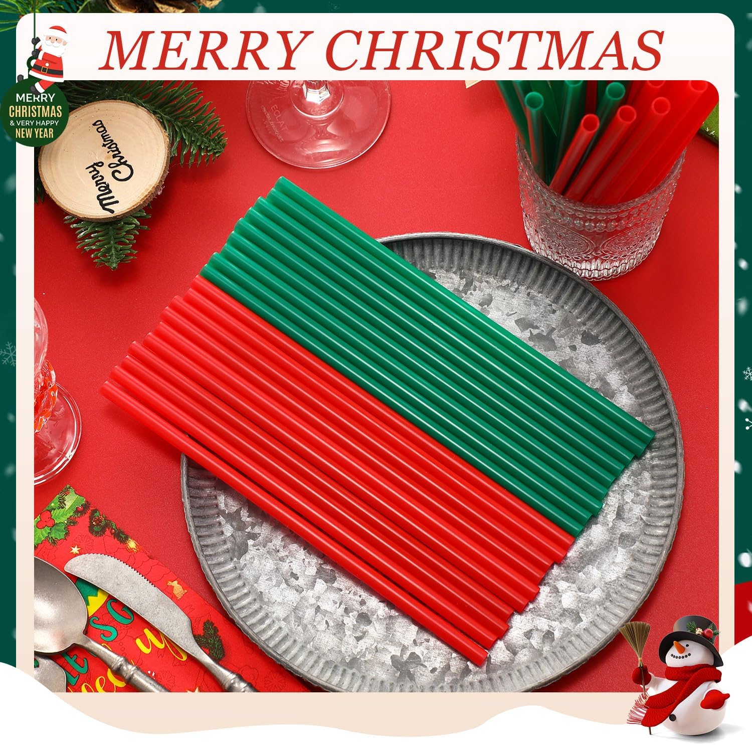 Zhehao 200 popotes de plástico para Navidad, color verde y rojo, pajitas desechables de plástico duro, popotes de plástico reutilizables para