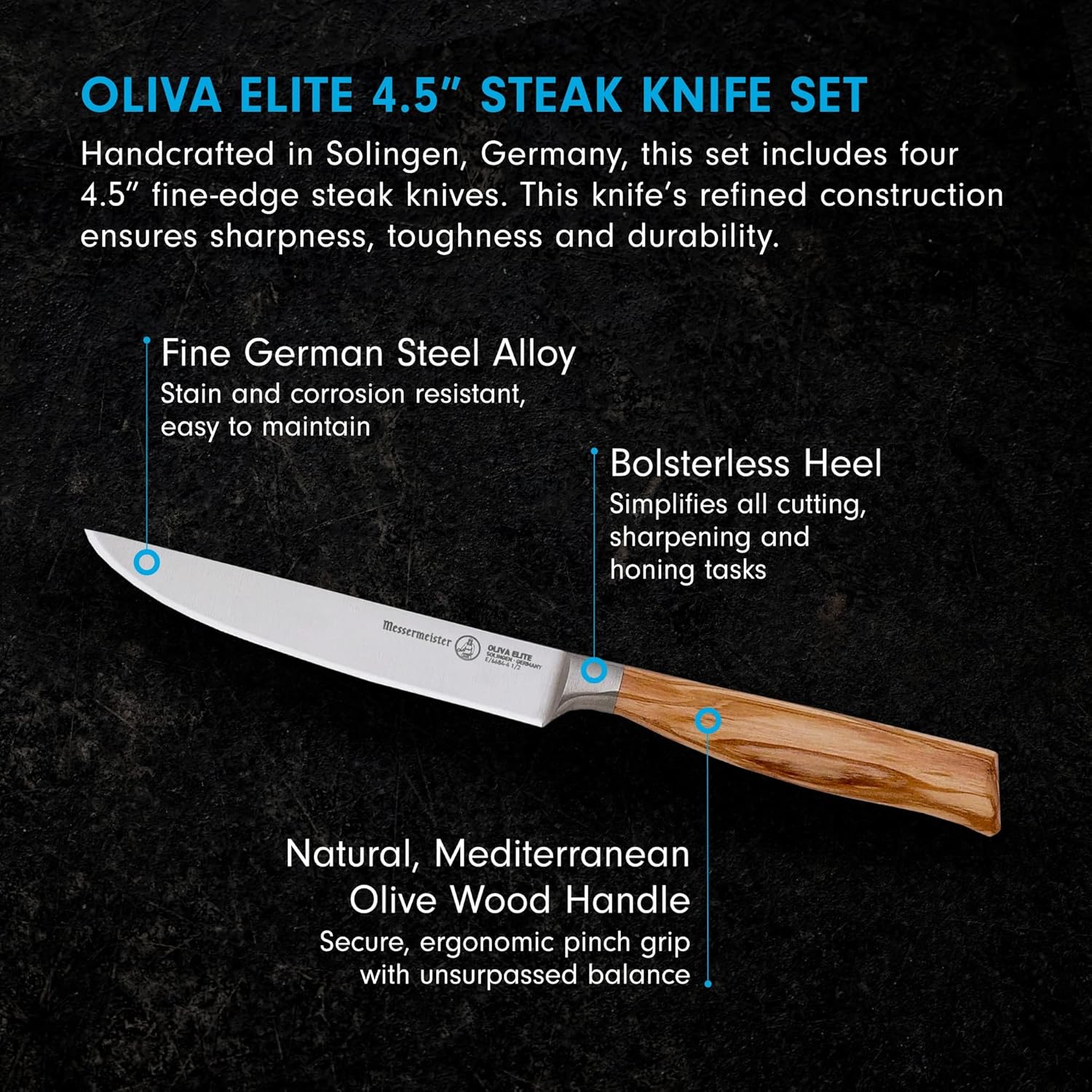Messermeister Oliva Elite – Juego de cuchillos para carne de filo fino, hoja fina de aleación de acero alemán y mango de madera de olivo