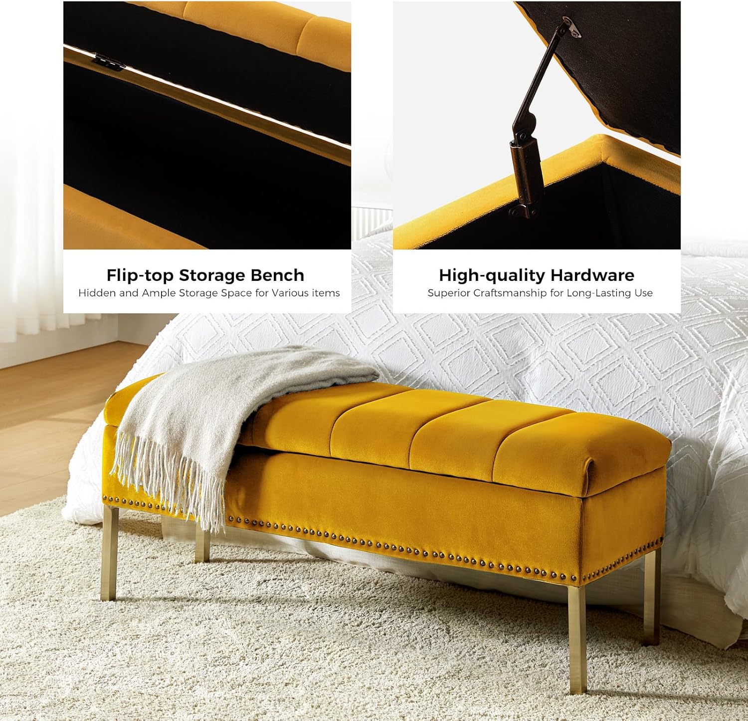 HULALA HOME Banco otomano moderno de terciopelo con tapa abatible con borde de clavos, banco tapizado para dormitorio para el extremo de la cama,
