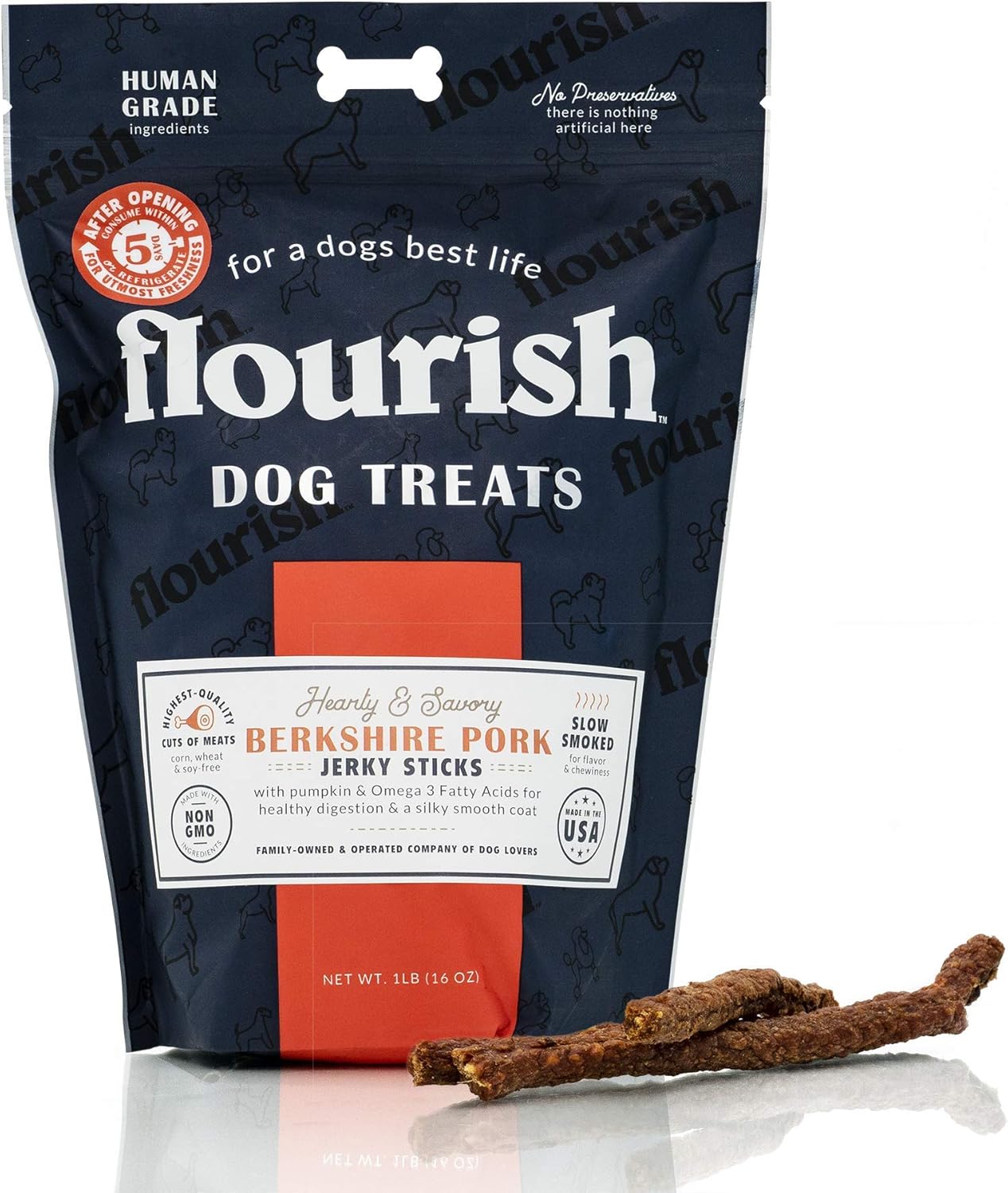Flourish Pets Berkshire Cecina de cerdopalitos de carne, golosinas para perros, masticables saludables para entrenamiento de mascotas (1 libra)