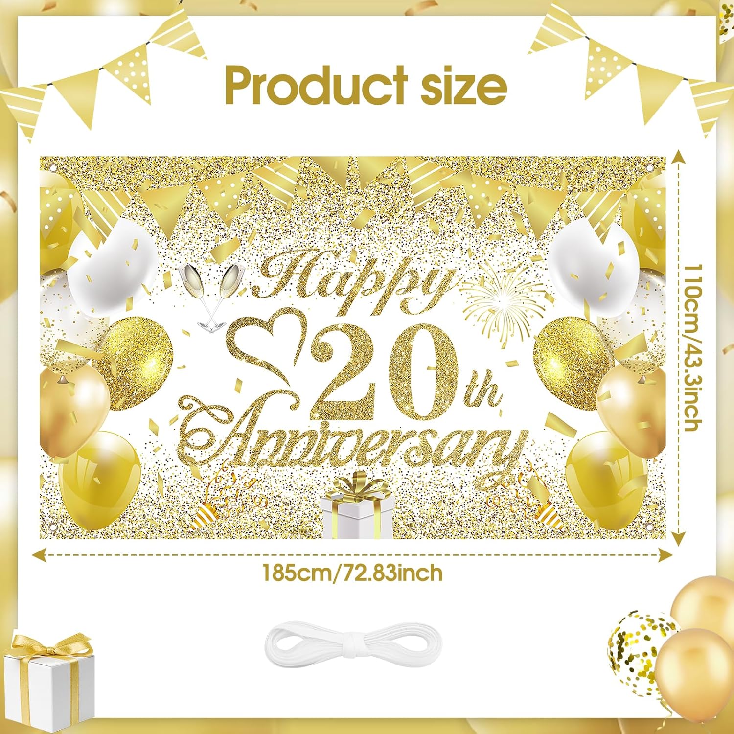 Rumia Decoraciones del 20 aniversario  Cartel de feliz boda de oro blanco, 72.8 x 43.3 pulgadas