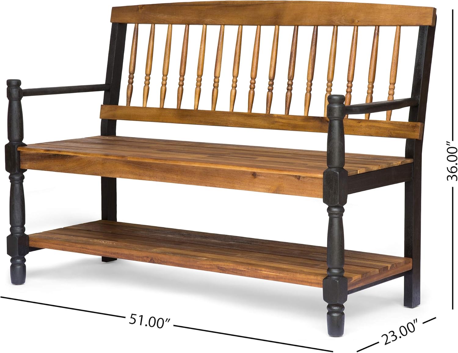 Christopher Knight Home Eddie – Banco de madera de acacia para interiores con estante, acabado de teca y negro