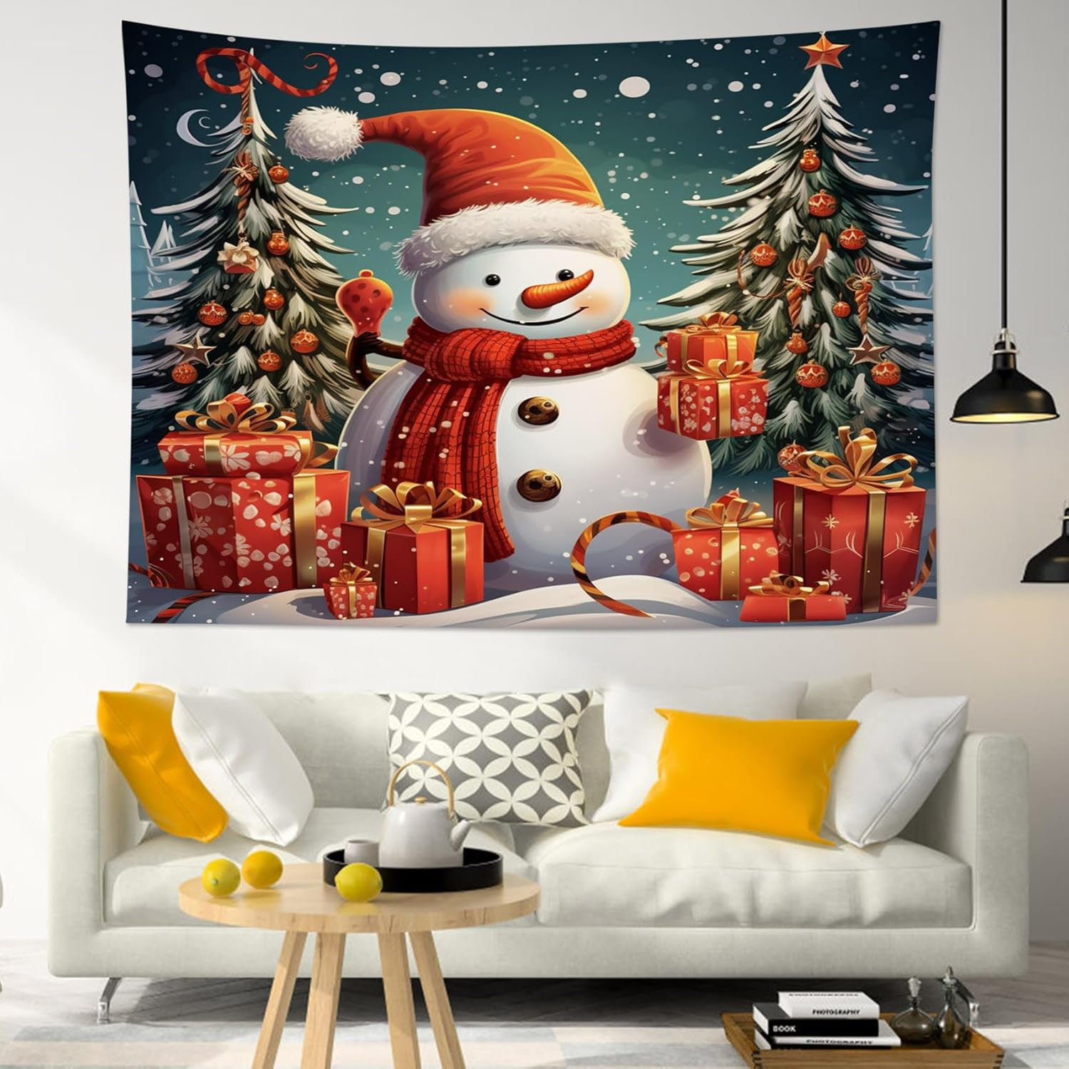 HVEST Tapiz navideño de muñeco de nieve para colgar en la pared, divertido muñeco de nieve con sombrero rojo de Navidad y tapiz de regalo, tapiz de