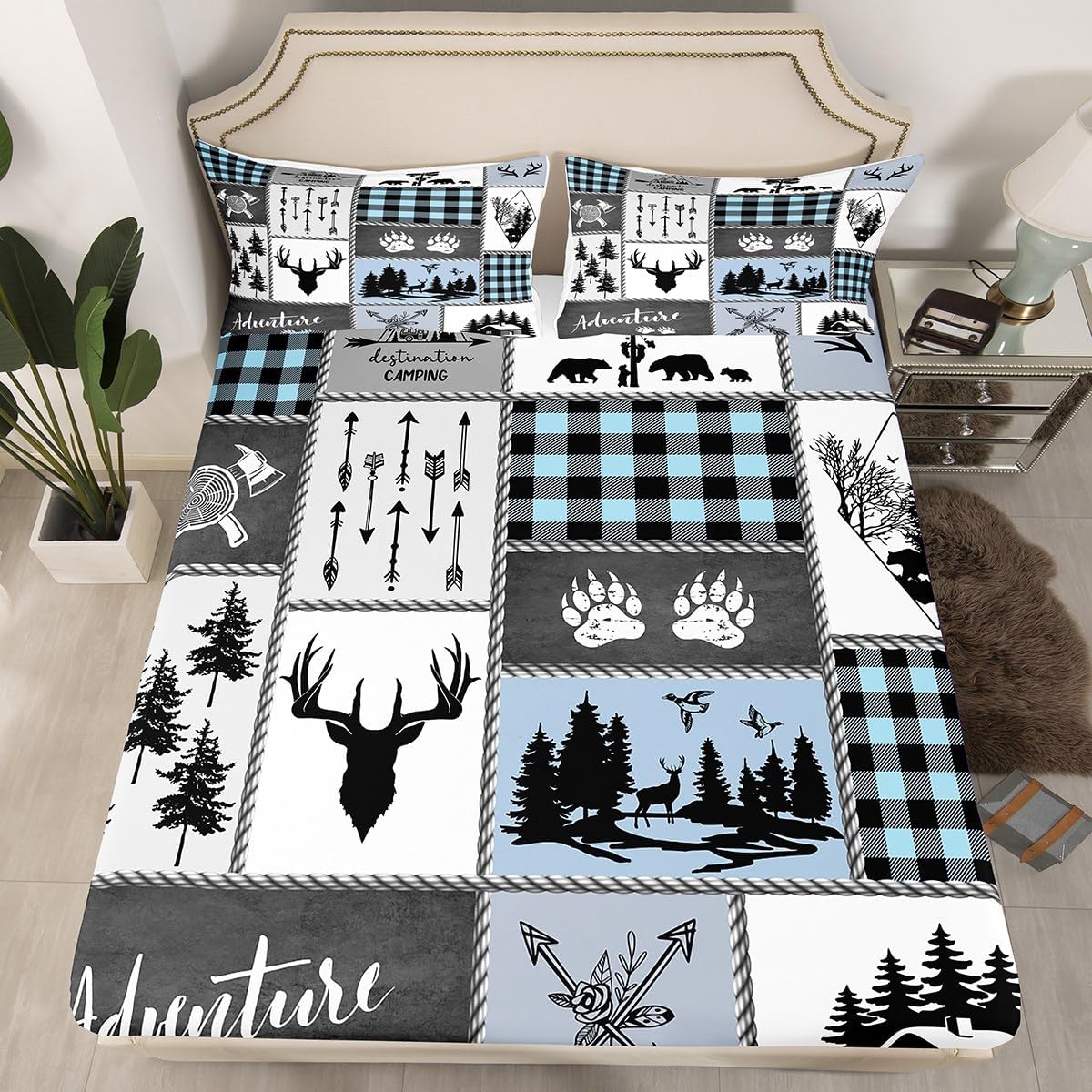 Deer Bear – Juego de sábanas para niños, tamaño individual, juego de ropa de cama rústica de aventura de caza para niños, niñas y adultos,