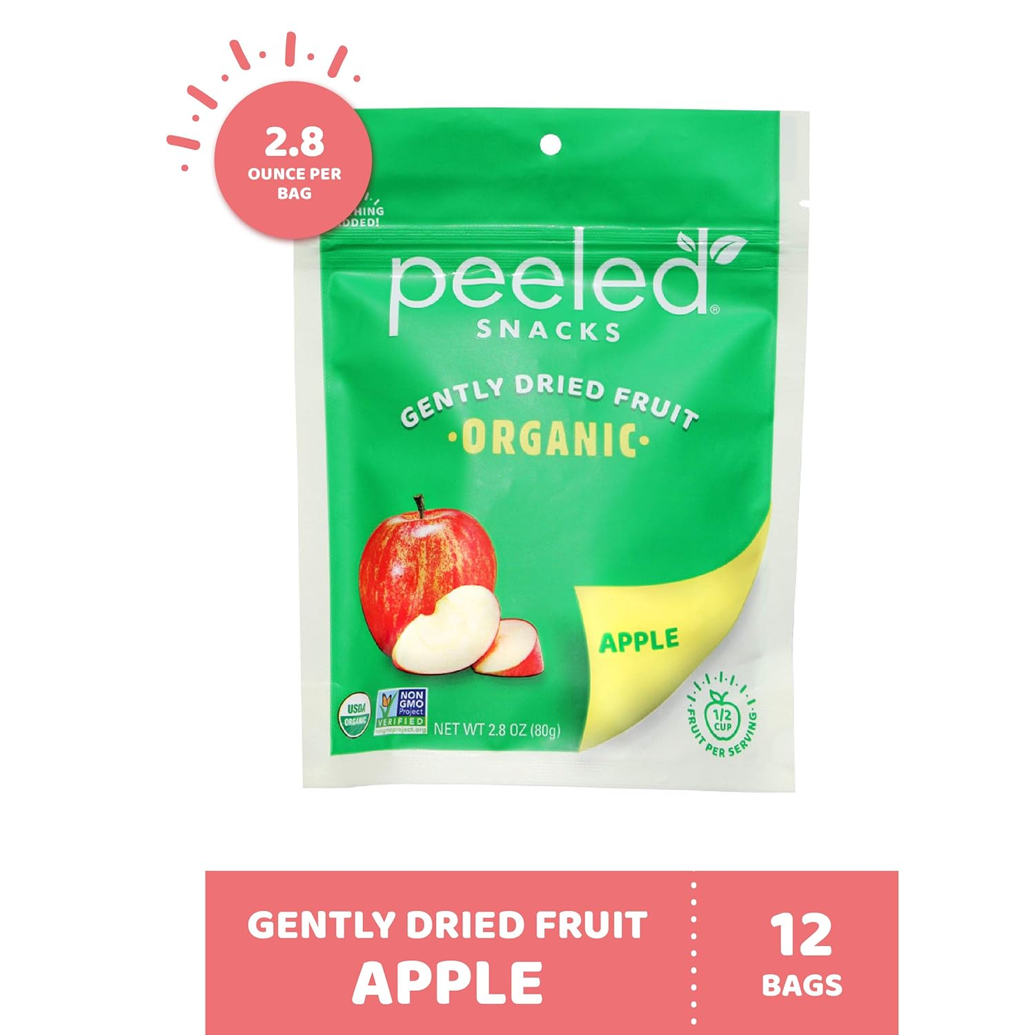 Peeled Snacks Fruta seca orgánica, manzana, 2.8 onzas, paquete de 12  Snacks saludables y veganos para llevar, almuerzo y más