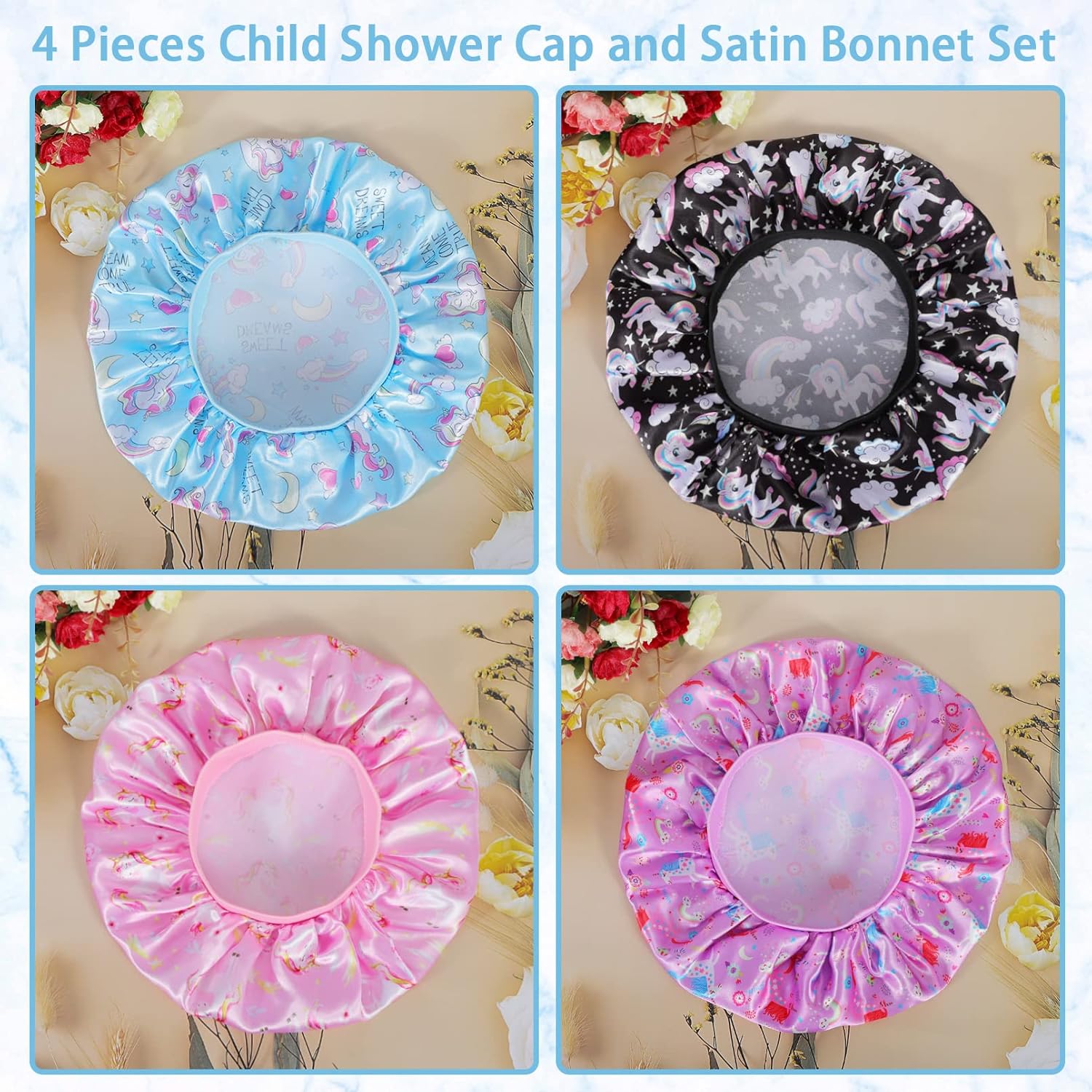 4 gorros de satén para niños, gorro de dormir para niños, gorro de seda suave, banda ancha elástica, gorros de bebé transpirables para dormir,