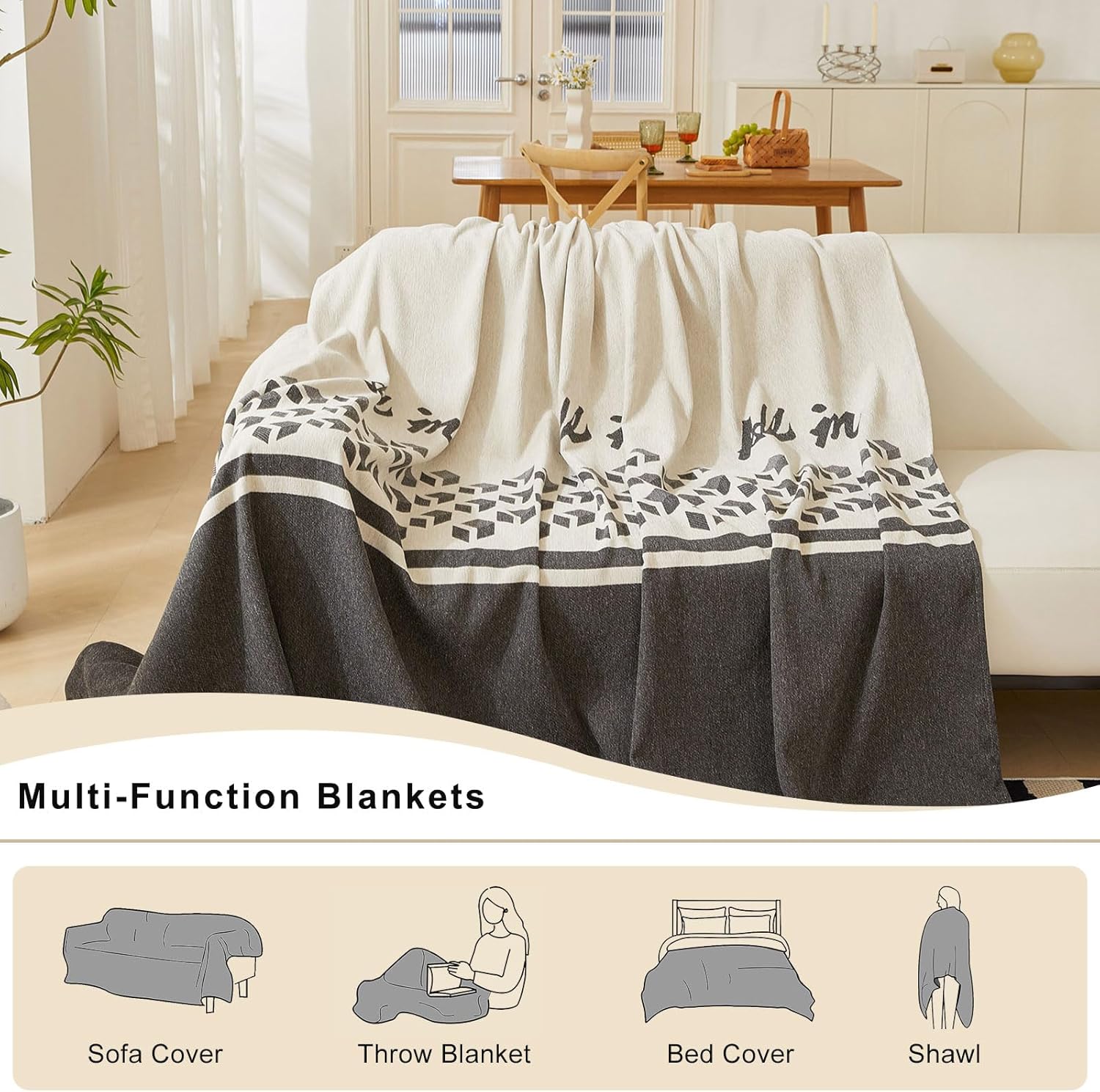 STACYPIK Funda gruesa geométrica bohemia para sofá, protector de muebles, manta suave con borlas, borde a rayas, en forma de L, funda de sofá
