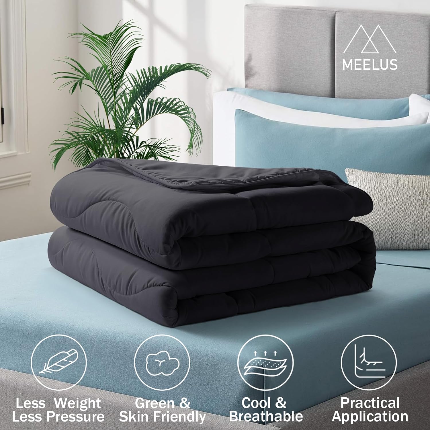 Edredón ligero negro refrescante, relleno de edredón para todas las estaciones, transpirable tamaño Queen, ropa de cama de verano de microfibra