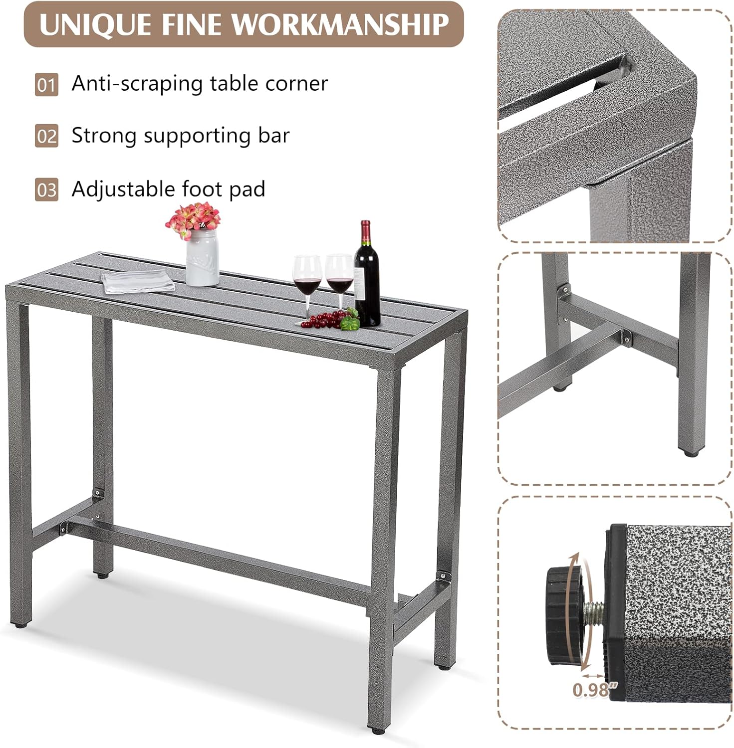 Mesa de bar al aire libre, mesa de barra de altura de mostrador de patio, mesa de bar rectangular de 47 pulgadas para patio, jardín, balcón, junto a