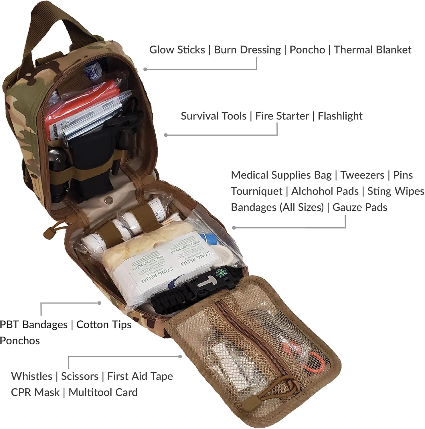 Kit de supervivencia y primeros auxilios Molle de 250 piezas, equipo de emergencia al aire libre y bolsa de trauma para camping, senderismo, caza,