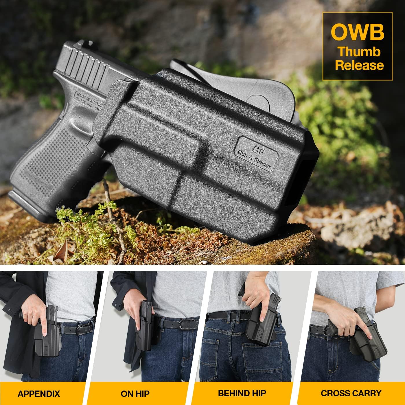 Funda G19, funda OWB compatible con Glock 19 19X 32 45 (Gen 3 4 5), Glock 23 (Gen 3 4), funda de transporte exterior de cintura con retención de