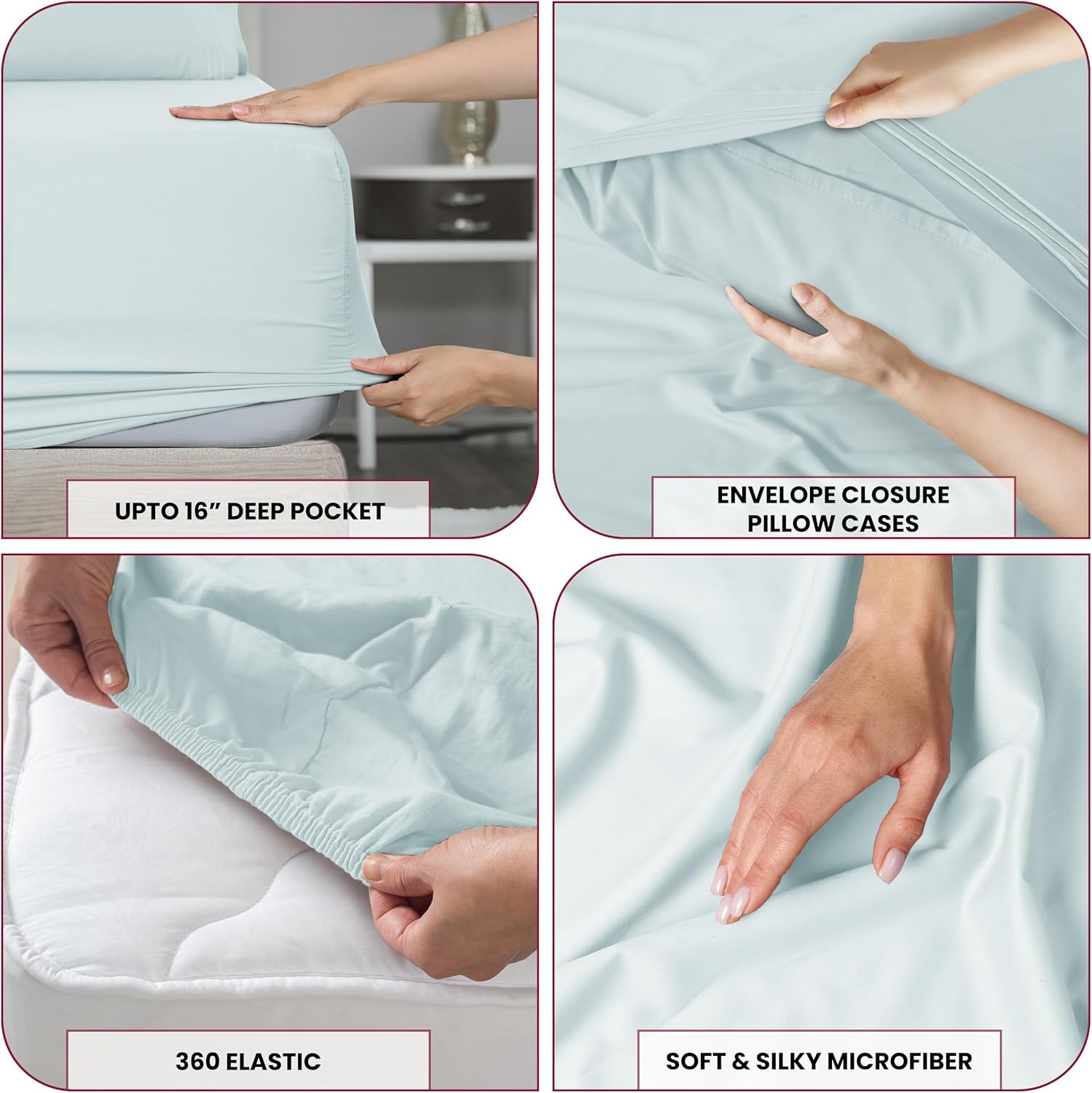 Lux Decor – Juego de sábanas de microfibra cepillada de 6 piezas con bolsillos de 16 pulgadas de profundidad, fundas de almohada bordadas y lisas,