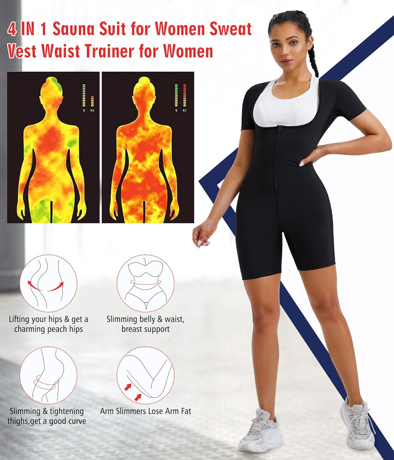 KUMAYES Traje de sauna, chaleco de sudor, entrenador de cintura para mujer, 4 en 1, adelgazante, moldeador de cuerpo completo, camiseta de