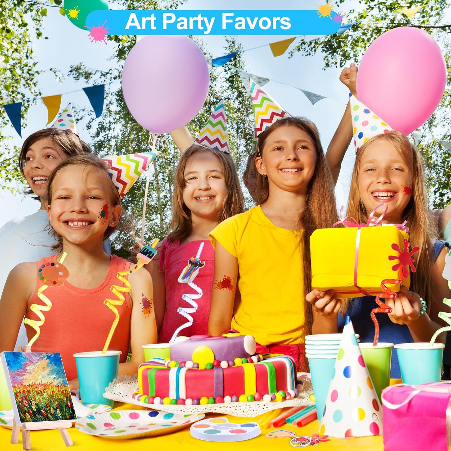 Pintura, recuerdos de fiesta para niños pequeños, pintura artística, lienzo, acuarela, pintura artística, pajitas, llavero, bolsas temporales de