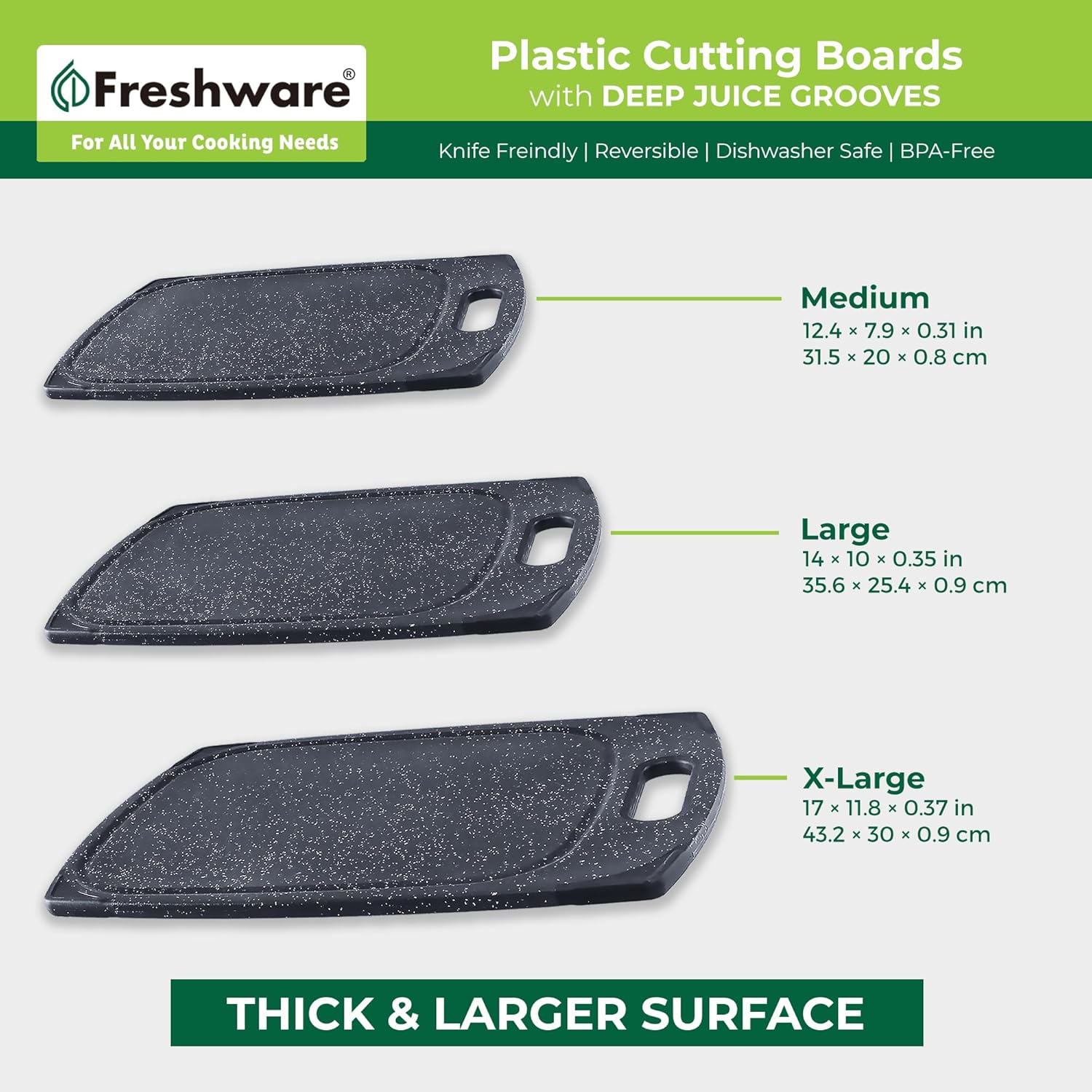 Juego de 3 tablas de cortar de plástico para cocina, ranuras para jugos con mango de fácil agarre, sin BPA, no porosas, aptas para lavavajillas,