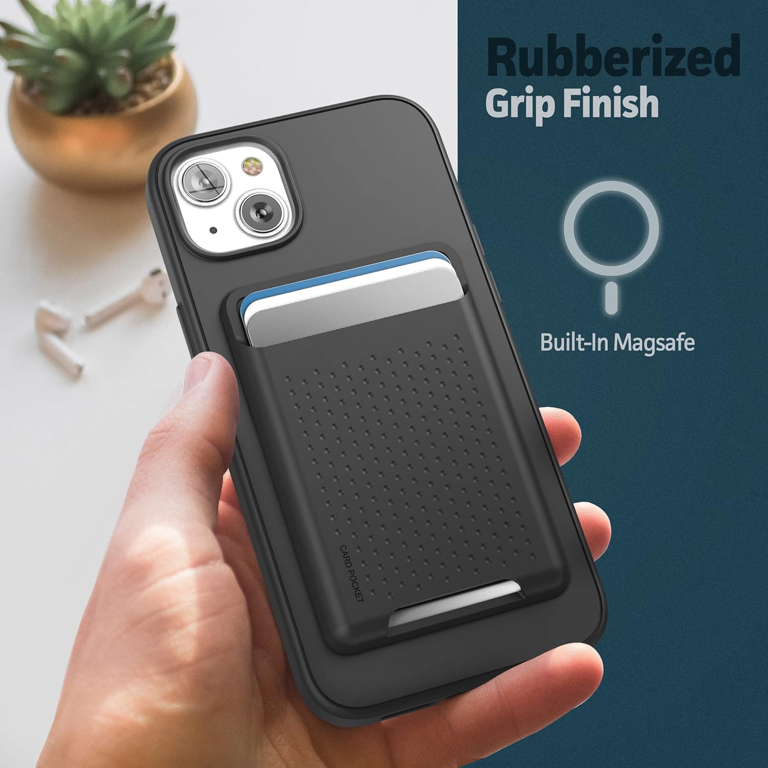 Encased Juego de funda 3 en 1 para iPhone 14 Plus con tarjetero y protector de pantalla (compatible con MagSafe), color negro