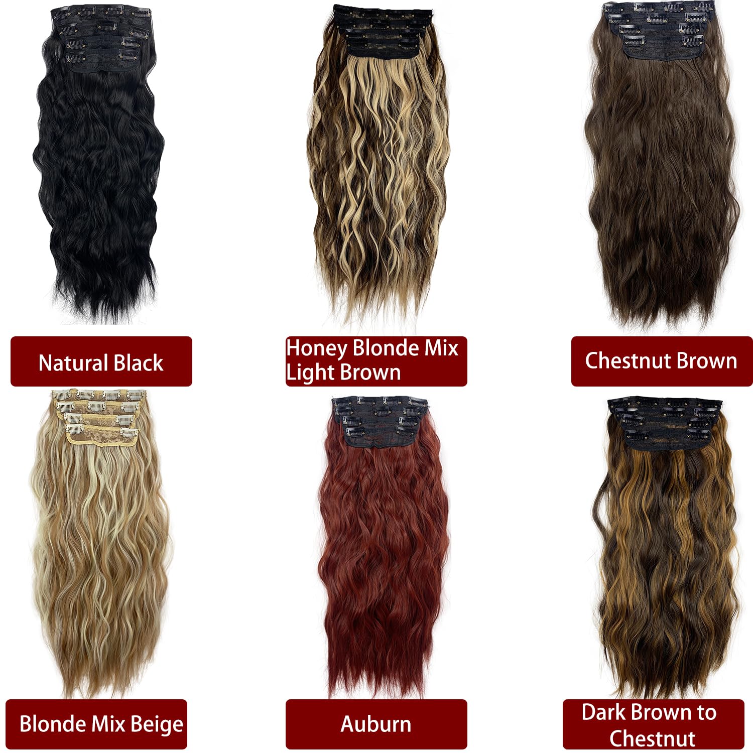 MIMISERVICE Extensiones de cabello con pinzas, extensiones de cabello largo ondulado castaño castaño castaño 4 piezas gruesas, fibra de doble trama