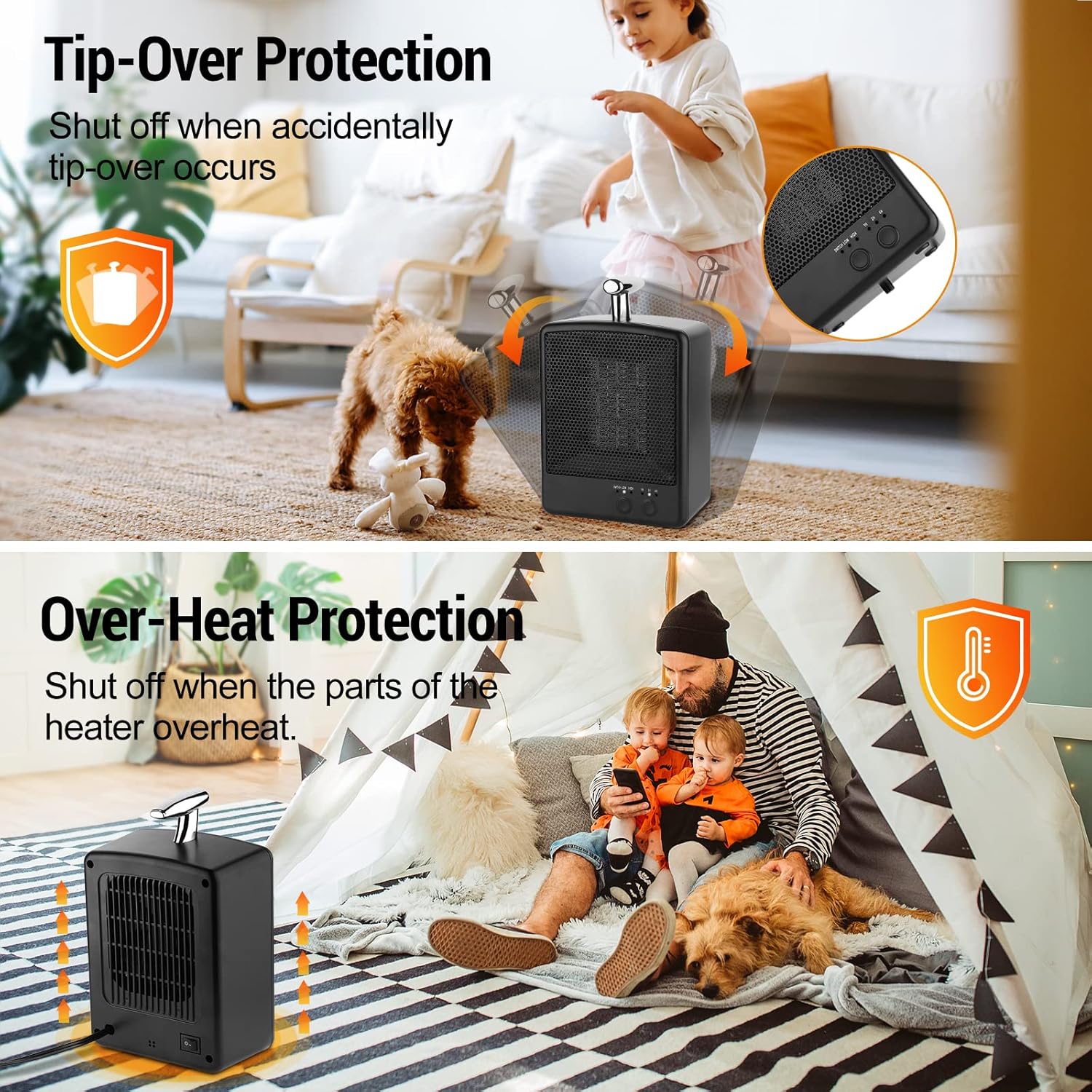 ACTICO Calentador de espacio, calentador de cerámica PTC de 1200 W600 W, interruptor de 2 velocidades y función de temporizador, calentador portátil