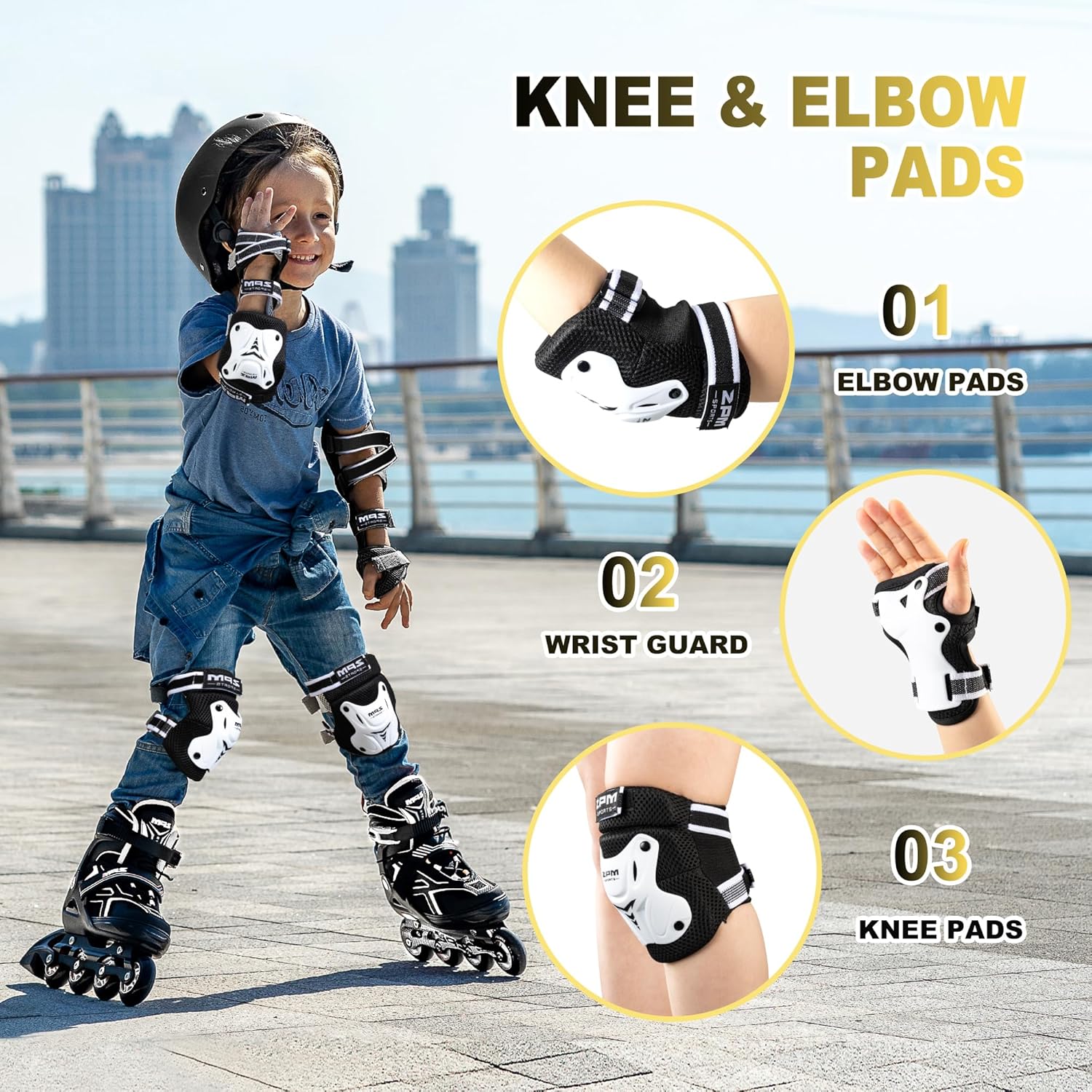 Rodilleras para niños, muñequeras y coderas con bolsa con cordón, juego de equipo de protección para niñas y niños, patinaje sobre ruedas, ciclismo,