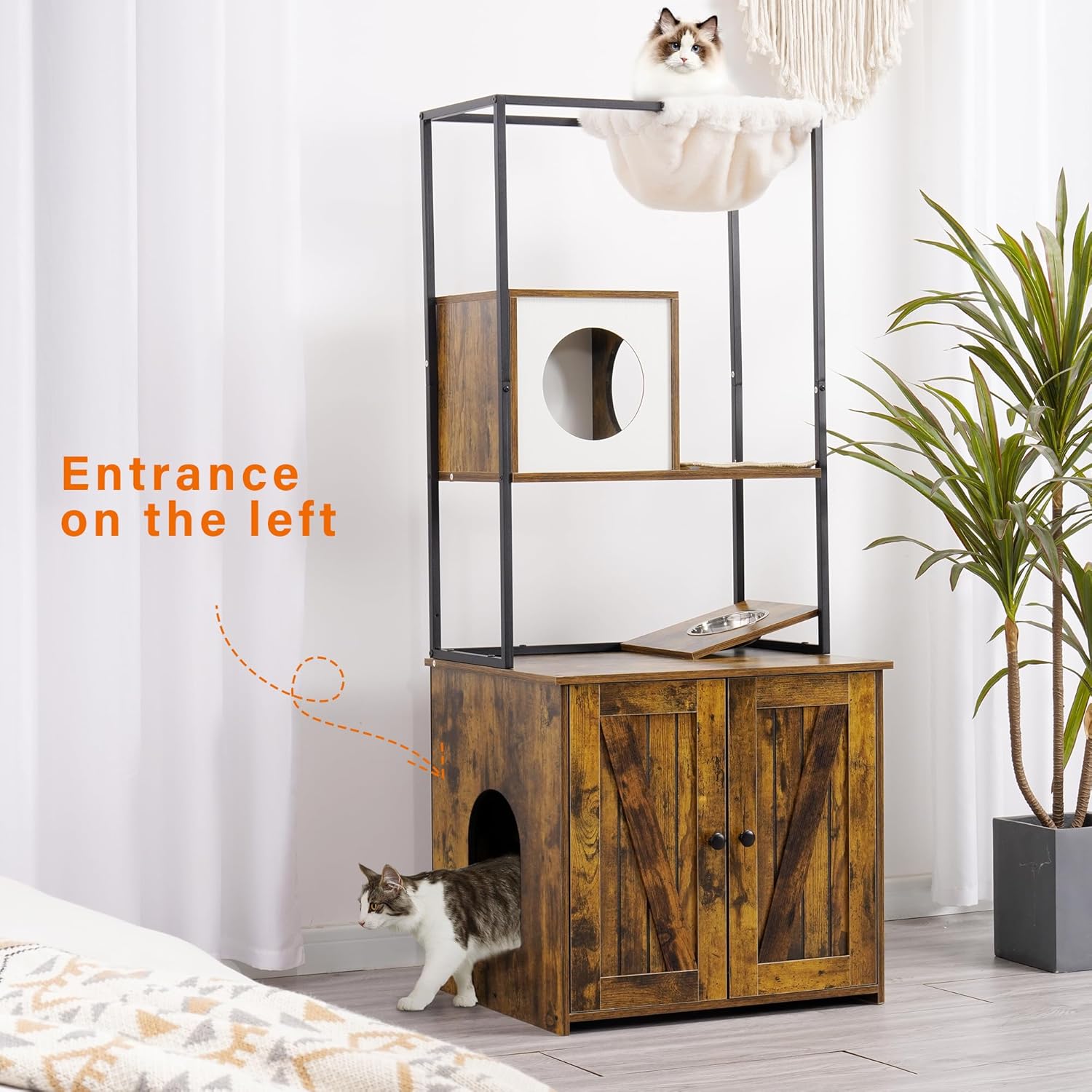 DWANTON Árbol para gatos con caja de arena, torre para gatos moderna todo en uno con condominio, hamaca, estación de alimentos, alfombrilla para