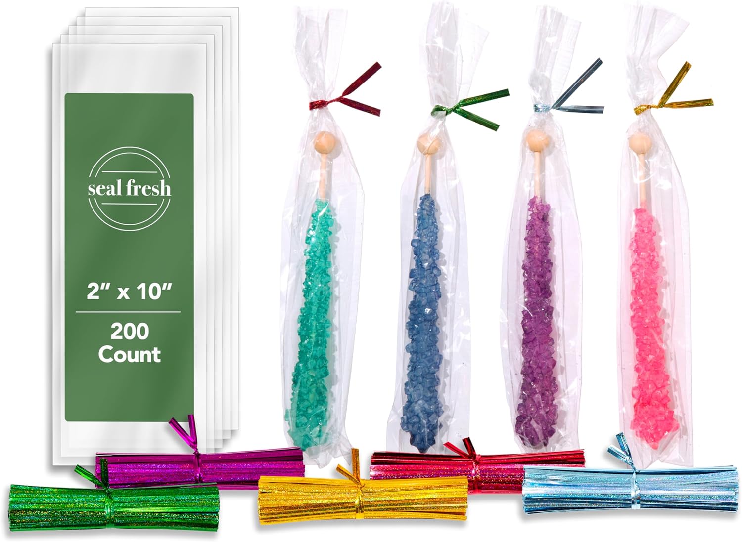 Bolsa transparente con lazos únicos  2 x 10 pulgadas (200 unidades)  Bolsas de celofán para fiesta, bolsas de regalo con cierre de lazo torcido,