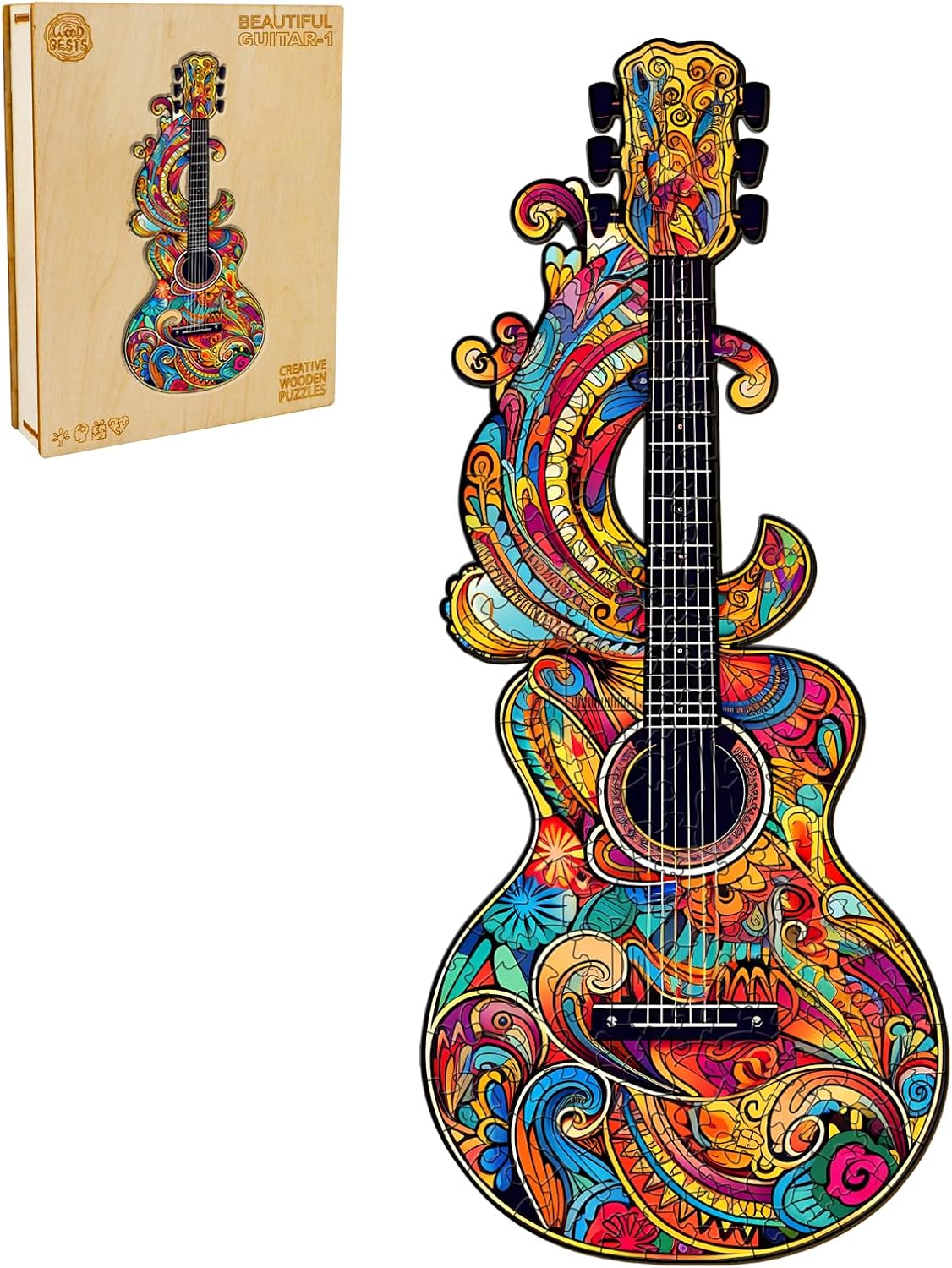 WOODBESTS Rompecabezas de madera para adultos, hermoso rompecabezas en forma de guitarra (M, 170 piezas, 11.2 x 4.8 pulgadas), hermosa caja de