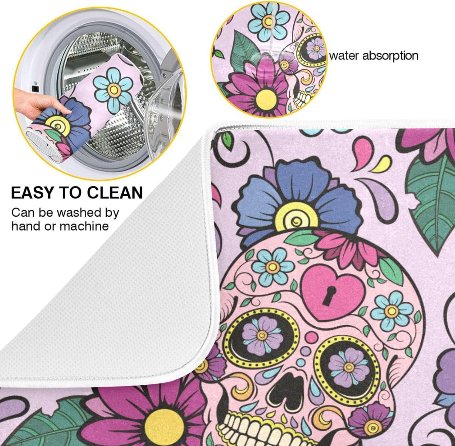 Festive Sugar Skulls Drying Dish Mat Washnable Absorbent Kitchen Countertop Decor Drying Mats For Countertop Tapete Para Cocina 16” x 18”