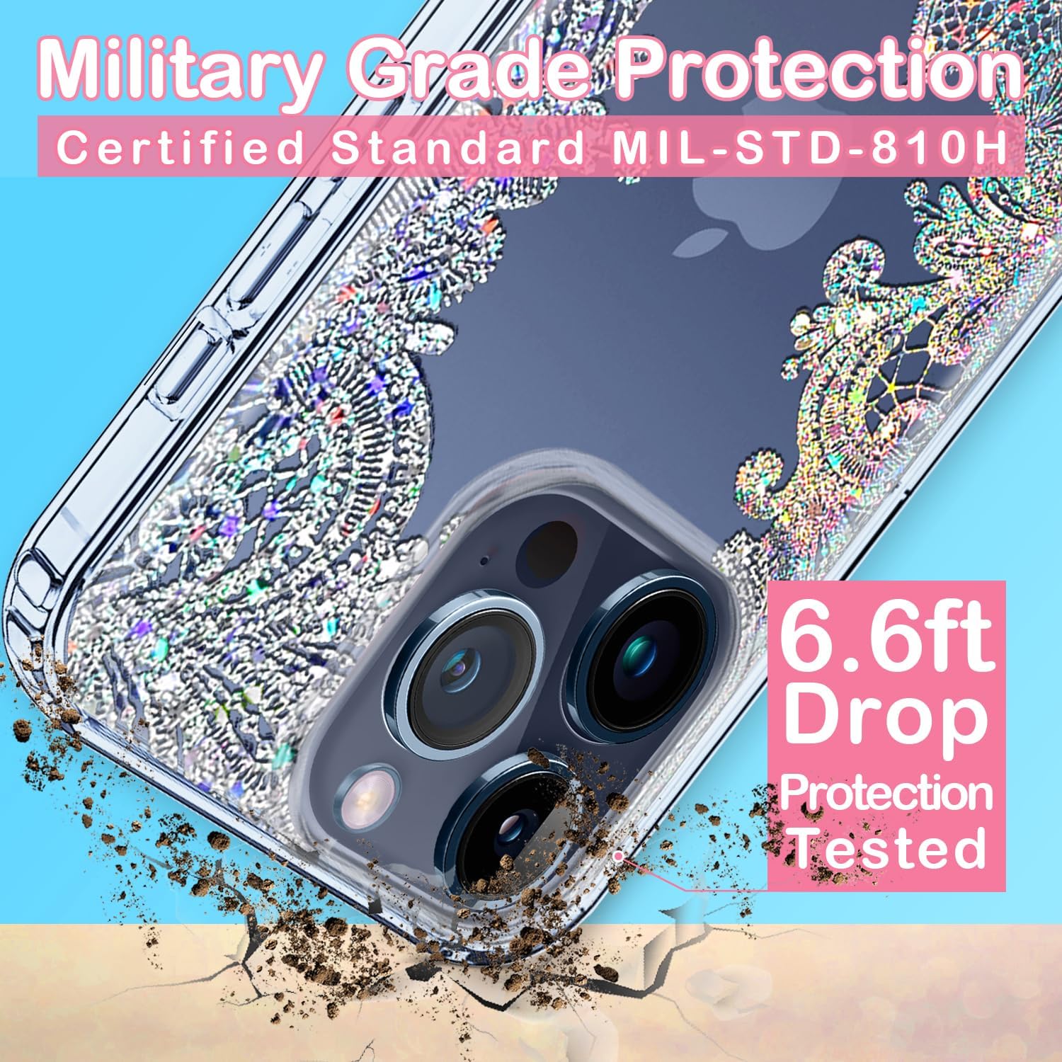 Coolwee Funda transparente antiamarillamiento con purpurina para Apple iPhone 15 Pro, 6.1 pulgadas, 6.6 pies, protección de grado militar, protector
