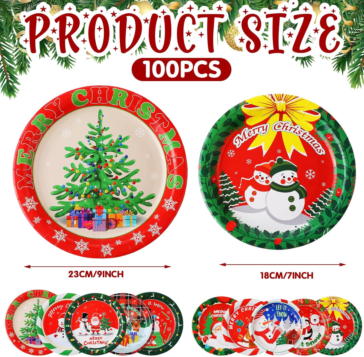100 platos de papel de Navidad, redondos, desechables, suministros de fiesta de Navidad con colorido diseño de árbol de Papá Noel, alce, muñeco de