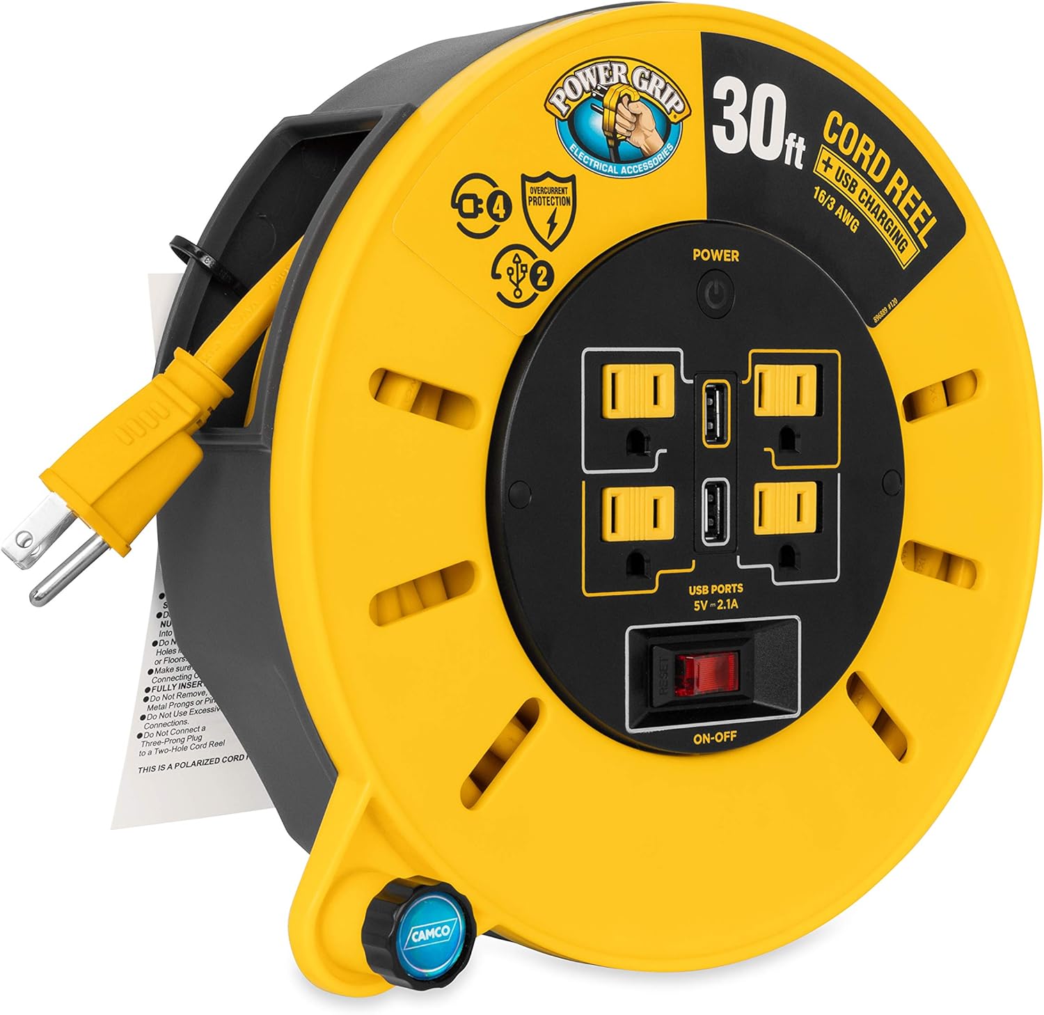 Camco Carrete de cable de extensión RV de 30 pies y 10 amperios, clasificado para 125 V1,250 W, cuenta con 4 tomas eléctricas de 125 V y 2 puertos