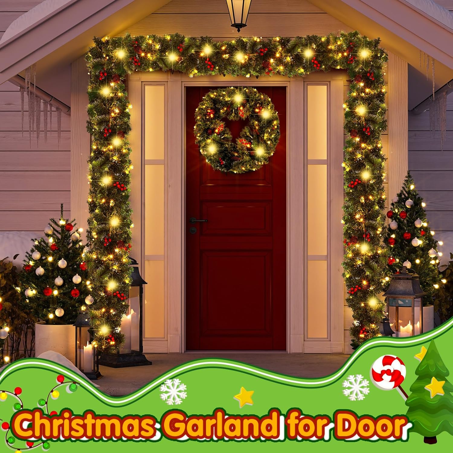 Guirnalda de Navidad artificial preiluminada de 8.86 pies, guirnalda de Navidad iluminada con conos de pino, guirnalda de 100 luces LED, guirnalda