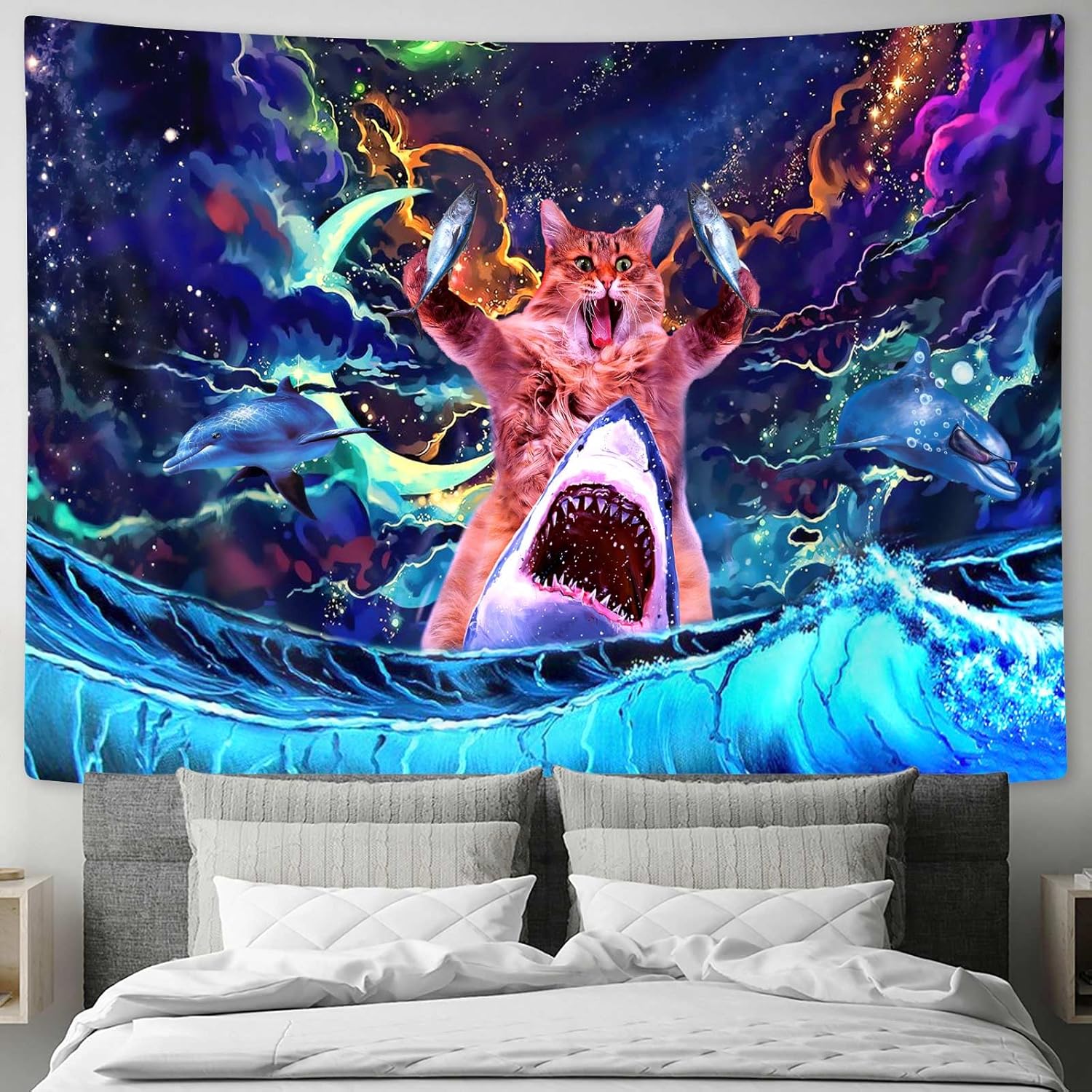 SAOLUIS Tapiz de gato con luz negra, divertido tapiz de gato para dormitorio de niños, lindo gato con pez, tapiz de pared reactivo a los rayos UV