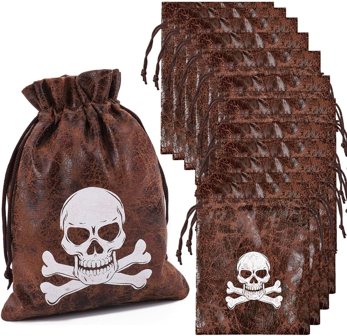 RICHNESS Bolsas de botín pirata con cordón de 4.5 x 6.5 pulgadas, piel de vaca sintética, bolsas de tesoro pirata para recuerdos de fiesta pirata,