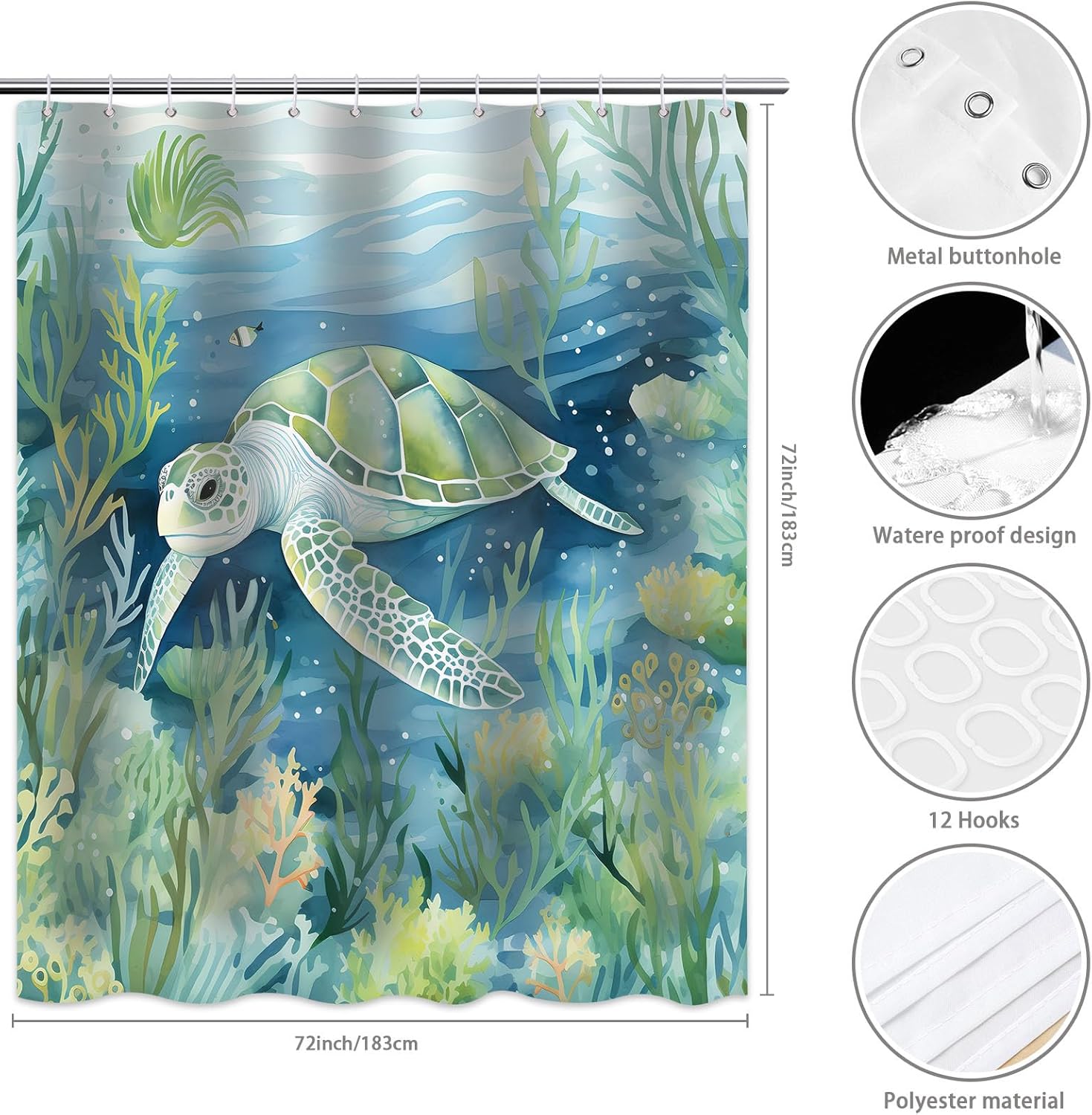 Cortina de ducha de tortuga marina, cortina de baño azul y verde azulado océano, peces bajo el agua, conchas marinas, planta acuática, juego de