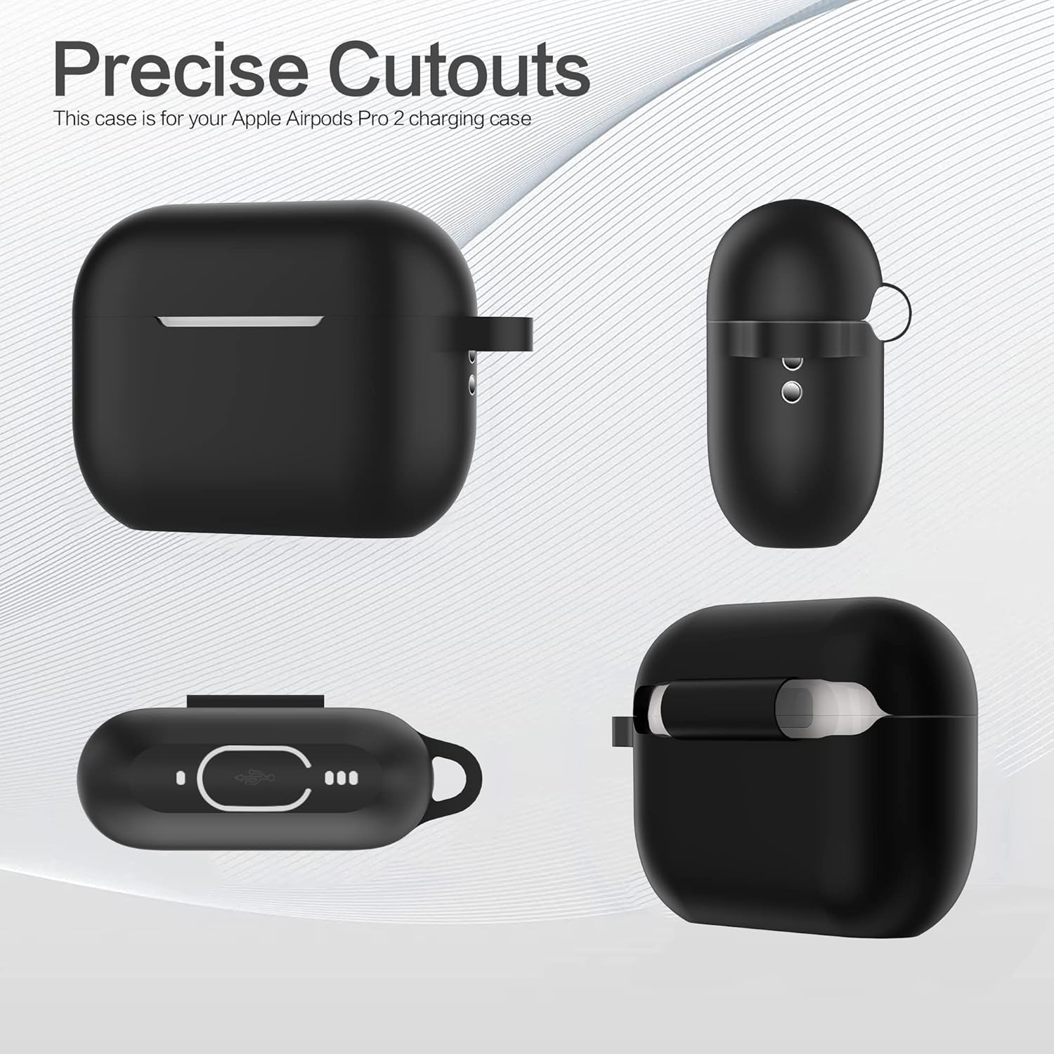Funda para AirPods Pro de 2 generación 2022 de silicona con cordón y llavero carga inalámbrica y LED frontal visible (negro)