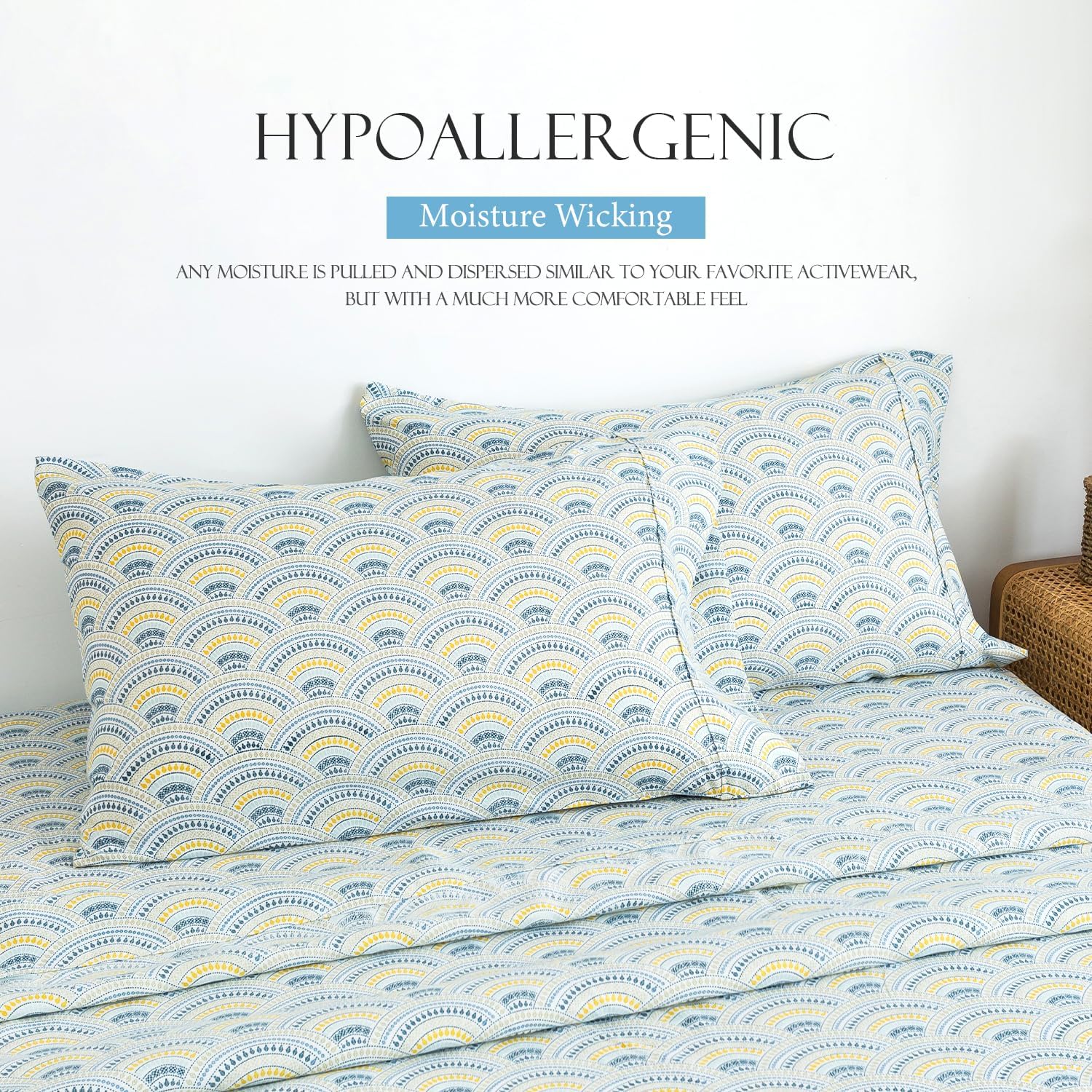 KACEMOO Juego de sábanas tamaño matrimonial de 4 piezas con estampado floral azul bohemio, sábanas de lujo refrescantes de 17 pulgadas de