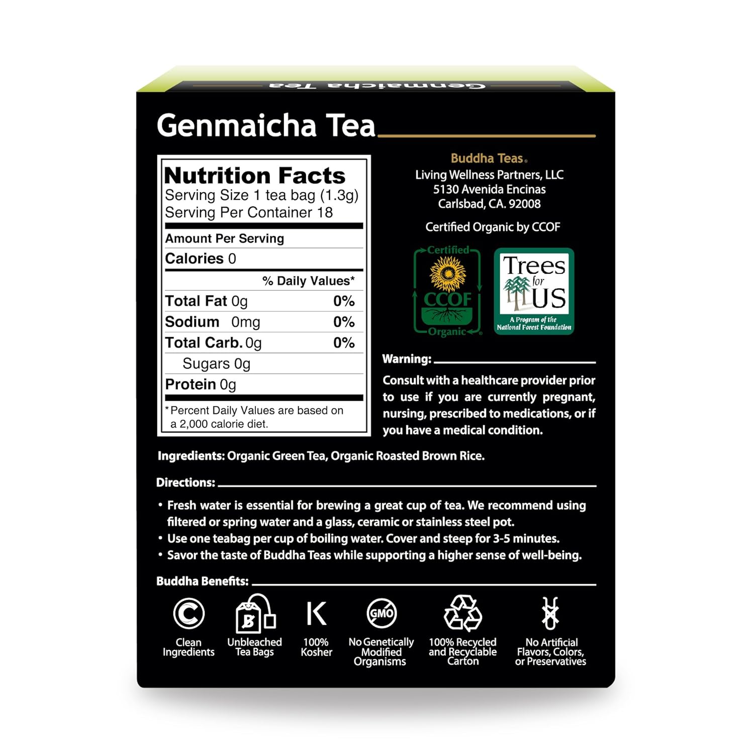 Buddha Teas Té verde orgánico Genmaicha – OU Kosher, USDA orgánico, CCOF orgánico, 18 bolsas de té sin blanqueador