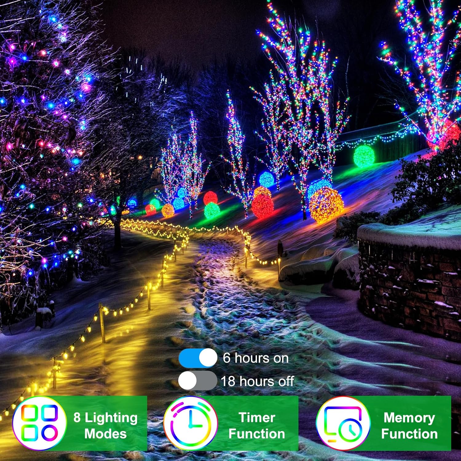Luces de Navidad para exteriores de 492 pies, 1300 luces LED súper largas, 8 modos de iluminación y memoria de temporizador, cuerdas de luz