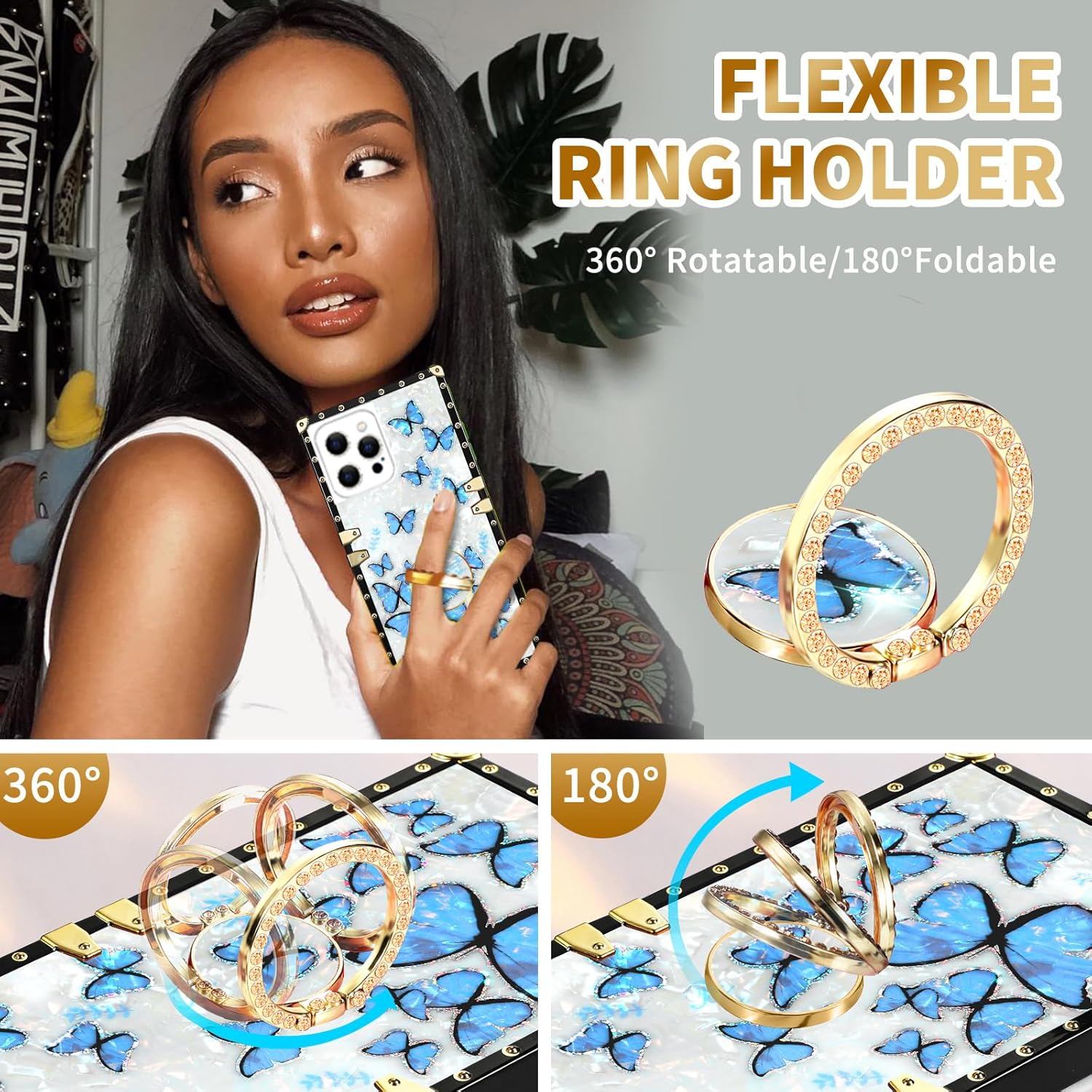 Loheckle Funda para iPhone 15 Pro Max para mujeres y adolescentes, diseño cuadrado a la moda, lindas fundas con soporte de anillo y cordón, elegante
