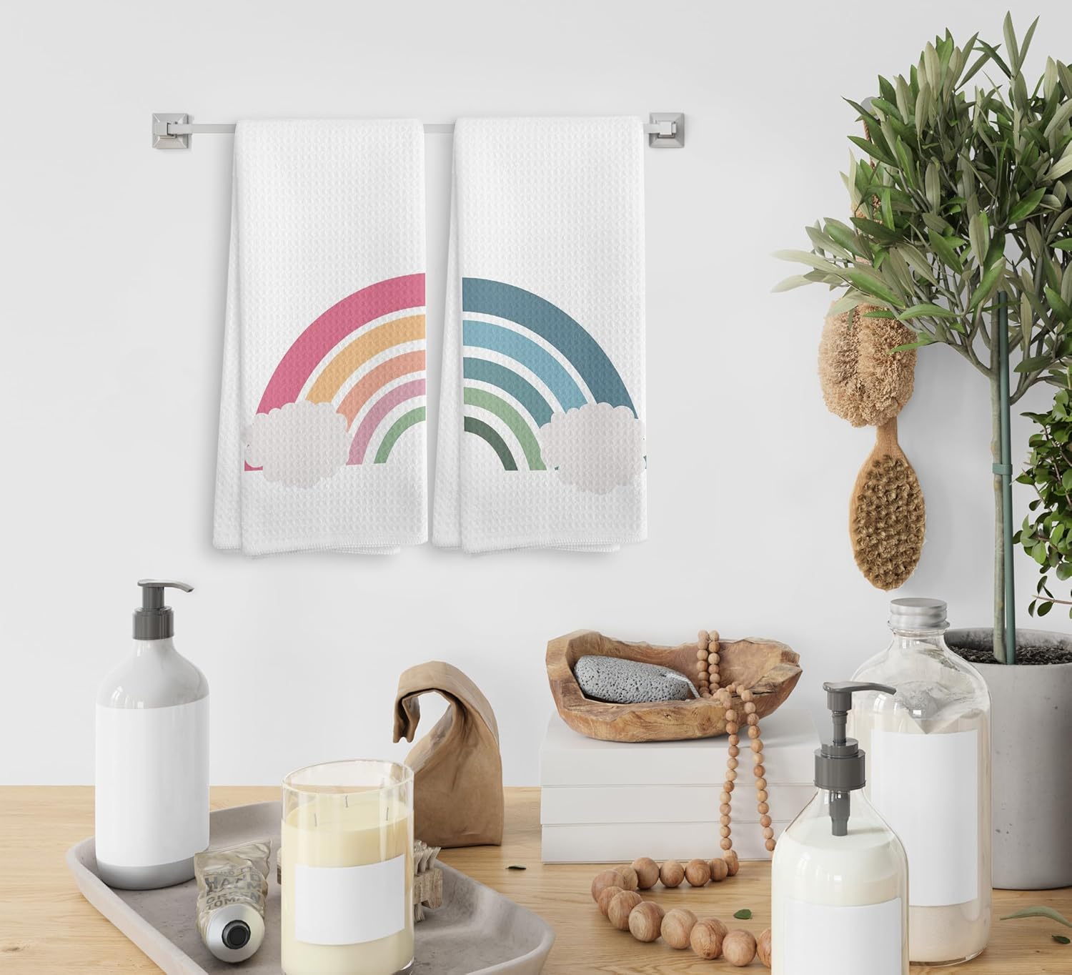 Juego de 2 paños de cocina y paños de cocina bohemios bohemios para cuarto de bebé, color rosa y azul, con estampado de nube arcoíris y azul,