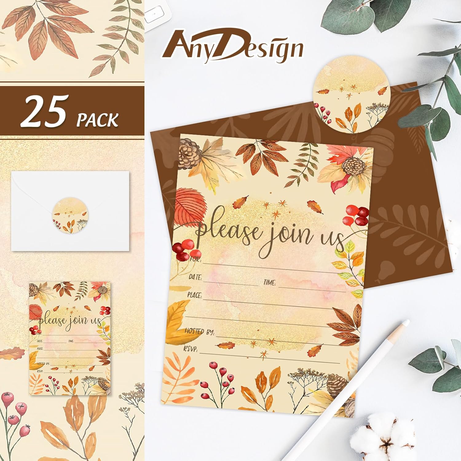 AnyDesign – Invitaciones vintage de otoño, 25 juegos de tarjetas de invitación de otoño con sobres, calcomanías de acuarela botánica en blanco para