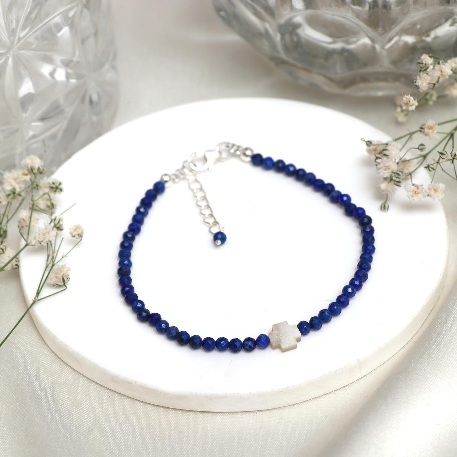 GemInspire Mother’s Day Jewelry Blue Lapis Lazuli Beaded Bracelet, Pearl Cross Bracelet, Faith Hope Bracelets, September Birthstone,Gift for