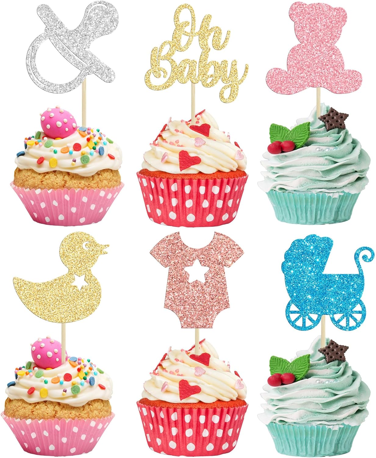 Gyufise 36 piezas de decoración para cupcakes con purpurina para baby shower, chupete de oso, carro, revelación de género, decoración de pasteles