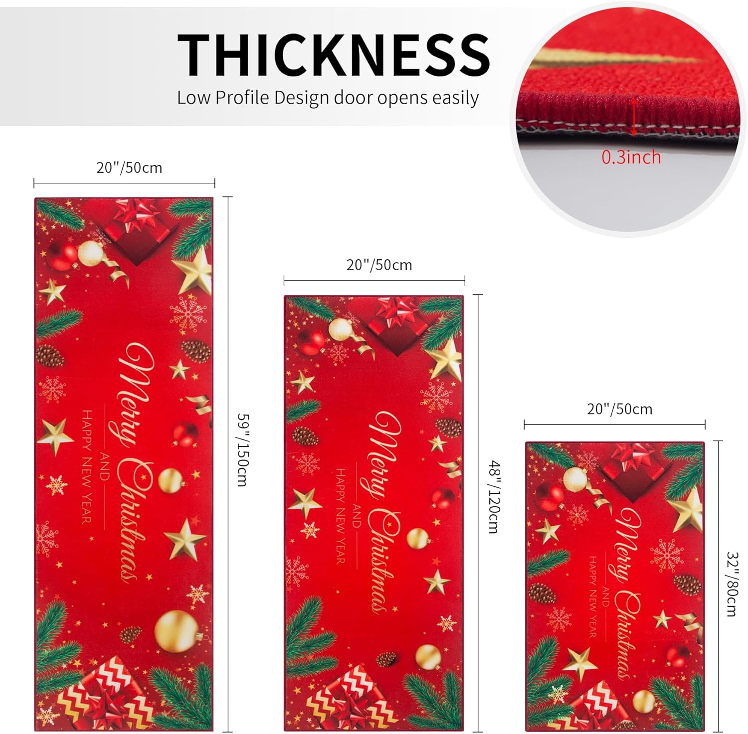 MELAJIA Juego de 3 tapetes de cocina de Navidad, lavables, juego de 3 piezas, tapete rojo para decoración de Navidad, fiesta en el hogar