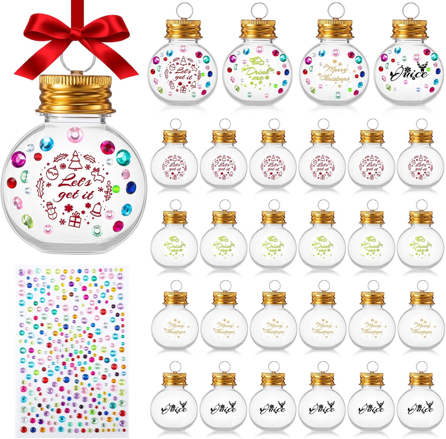 Suttmin 24 bolas de alcohol de Navidad, bolas de plástico transparente para adornos, adorno colgante para árbol con calcomanías de diamantes de