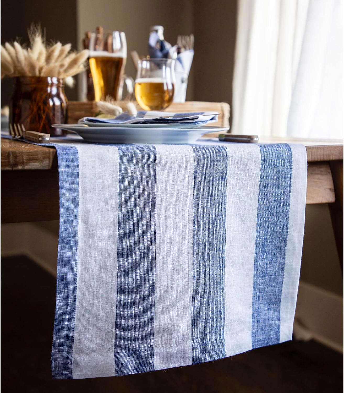 Solino Home Cabana – Camino de mesa de lino a rayas de 48 pulgadas, 100% lino puro de 14 x 48 pulgadas, azul marino y blanco, camino de mesa de