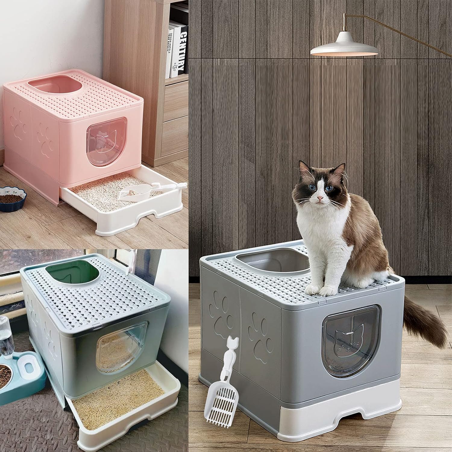 kathson Caja de arena grande plegable para gatos con tapa, orinal cerrado para gatos con cajón de entrada superior, suministros de inodoro para
