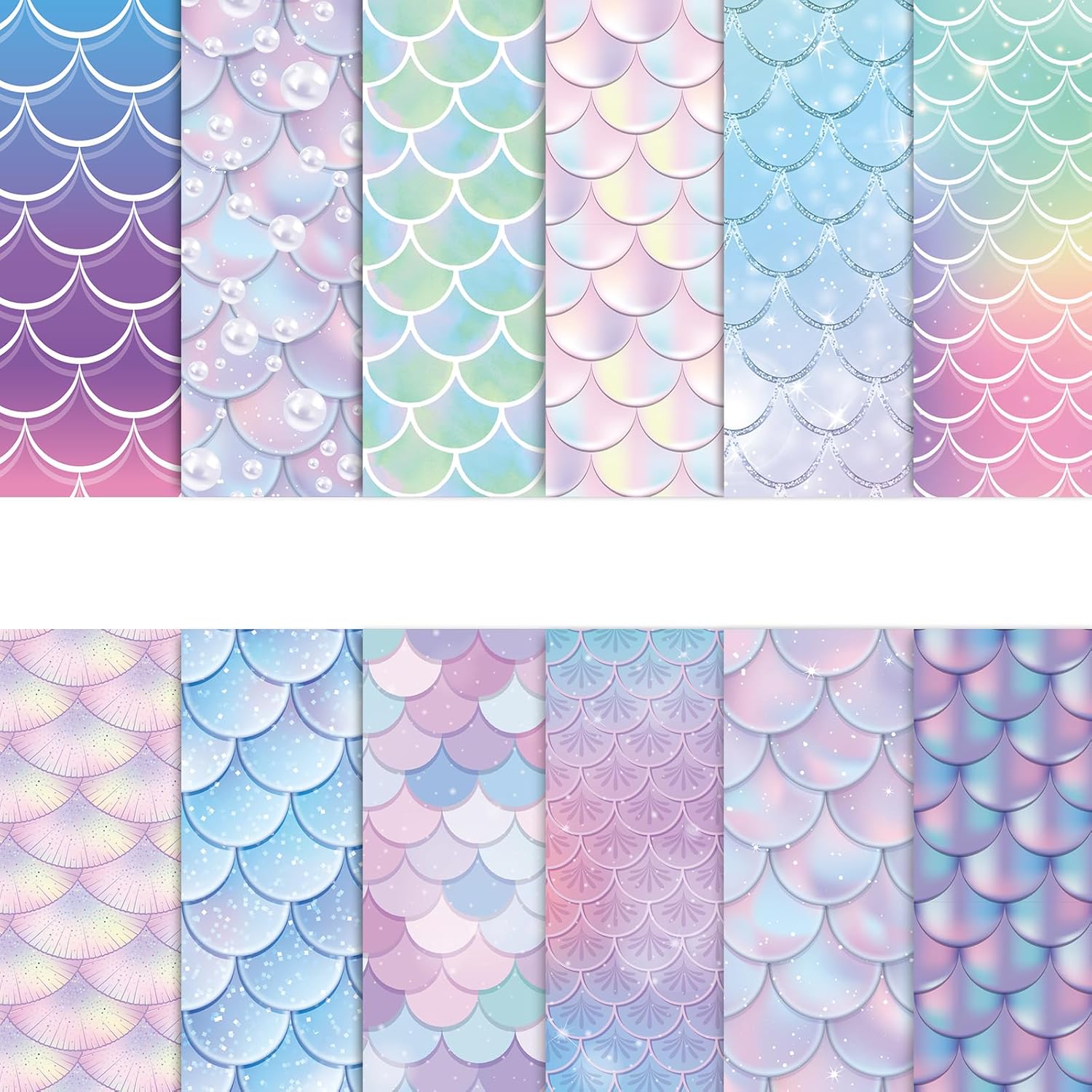 12 diseños de papel con patrón de escamas de sirena, 24 hojas, álbum de recortes de sirena de doble cara, papel de manualidades plegado plano para