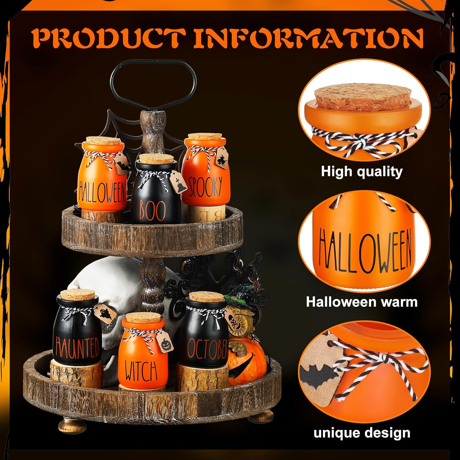 Juego de 6 mini tarros de albañil de Halloween para decoración de bandeja escalonada de Halloween, murciélagos fantasmas, calabaza, pequeños frascos